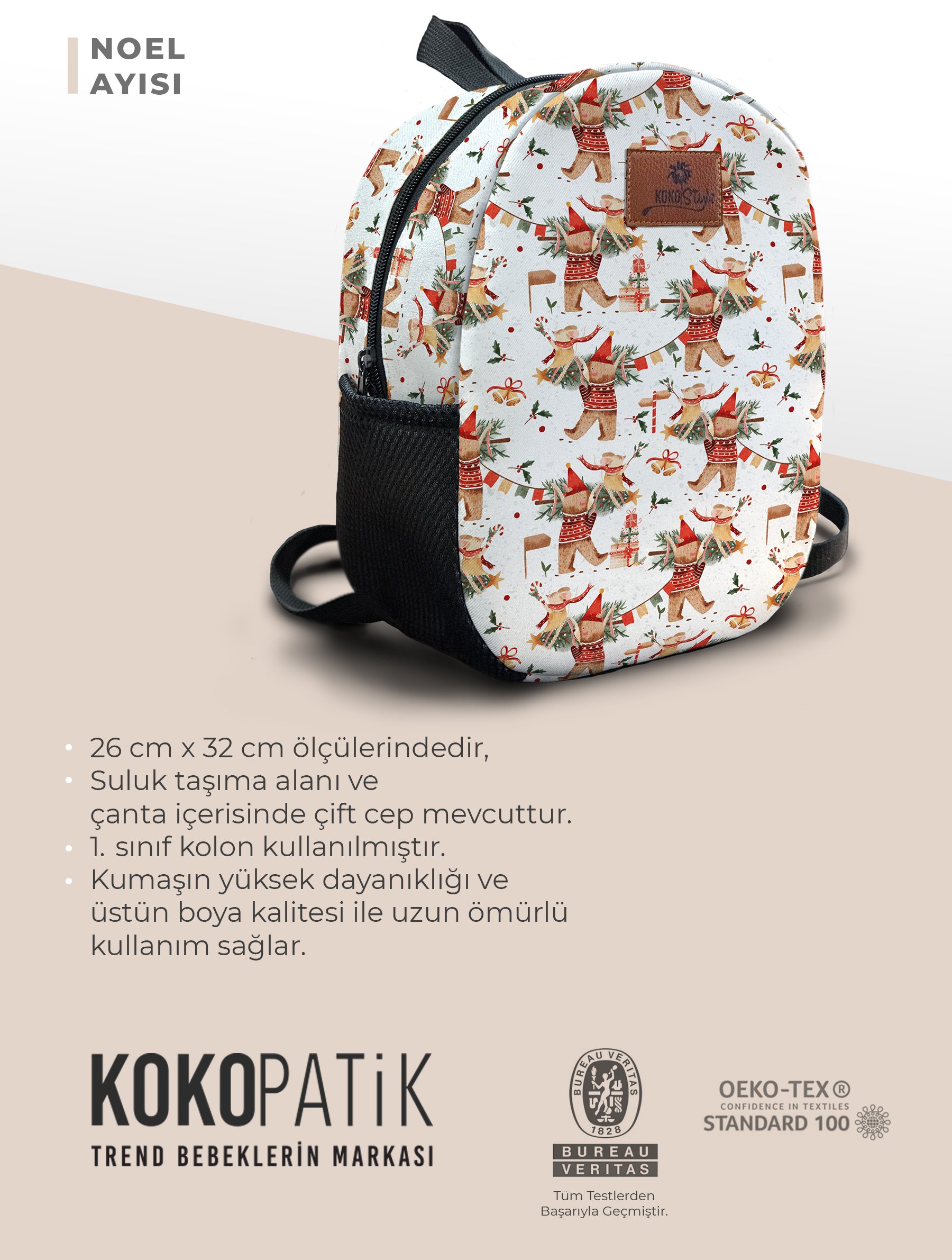 Noel Ayısı Şöleni Desen Orta Boy Kreş Çantası