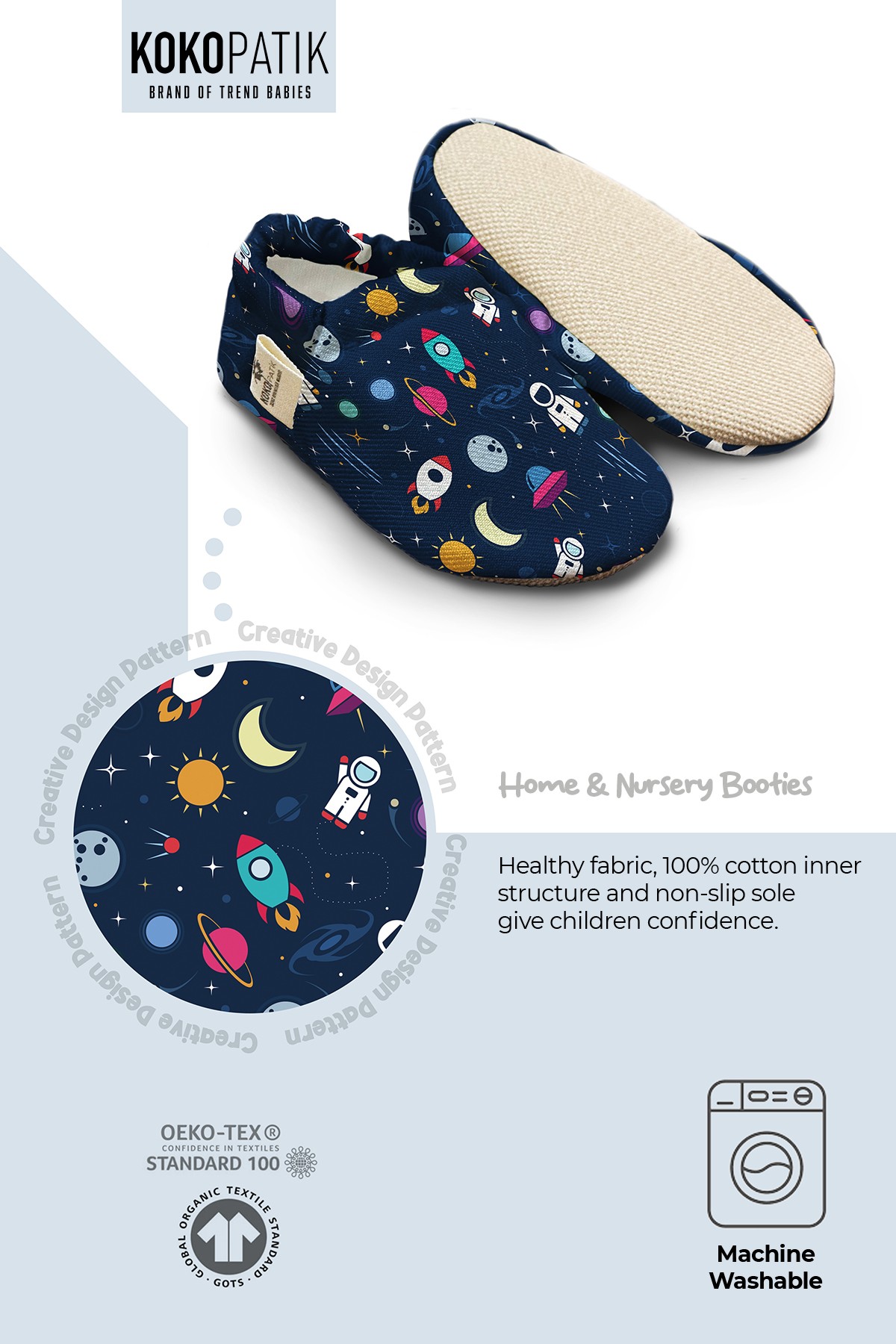 Kokopatik, Organic Cotton Baby Booties, Non-Slip Sole, Newborn Booties, Home Nursery Shoes, Astronaut Pattern Booties