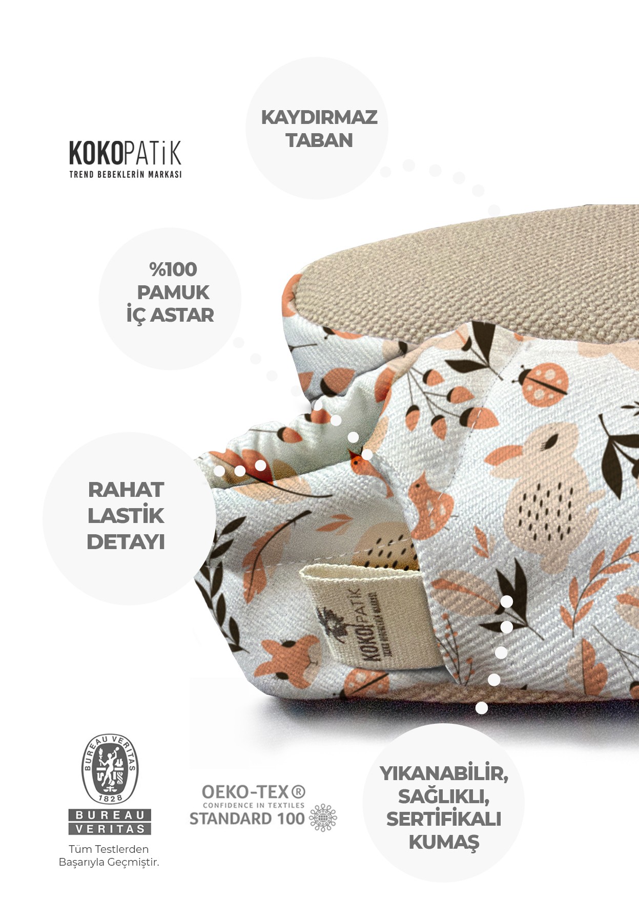 Kokopatik,Organik Pamuk Bebek Patiği,Kaydırmaz Taban,Yenidoğan Patik,Ev Kreş Ayakkabısı,Somon Tavşan Desen Patik