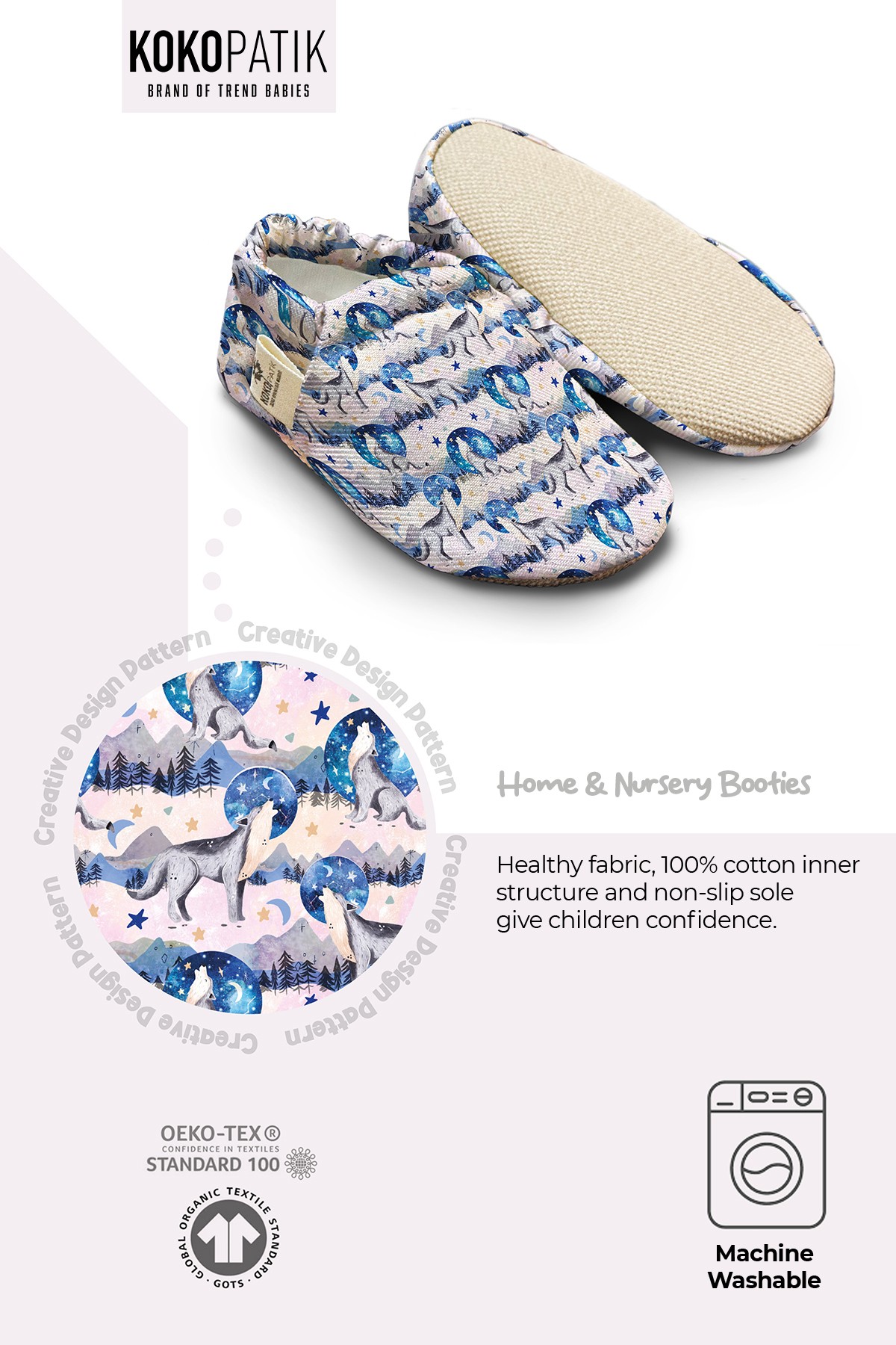 Kokopatik,Organic Cotton Baby Booties,Non-Slip Sole,Newborn Booties,Home Nursery Shoes,Call of the Month Pattern Booties