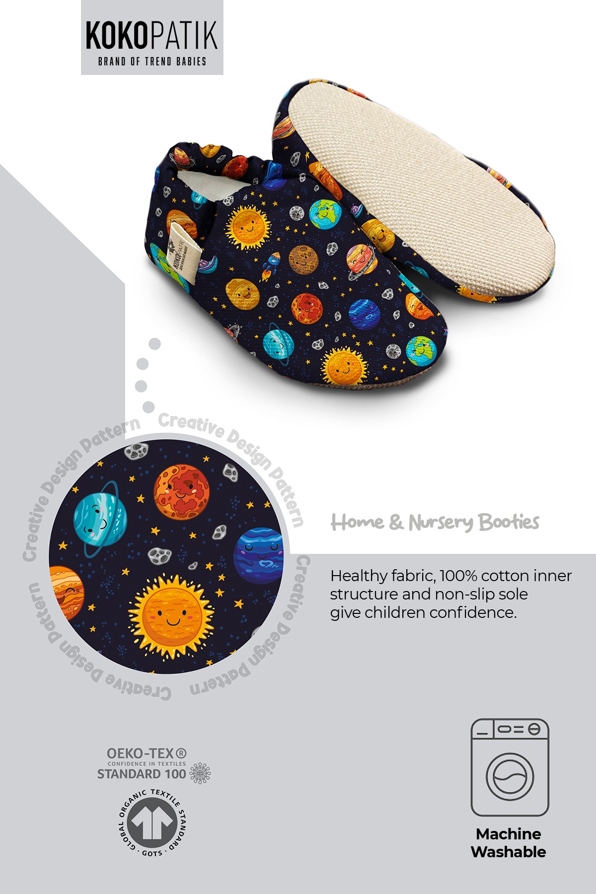 Kokopatik, Non-Slip Sole, Organic Cotton Lined Home Slippers, First Step Shoes, Happy Space Patterned Slippers