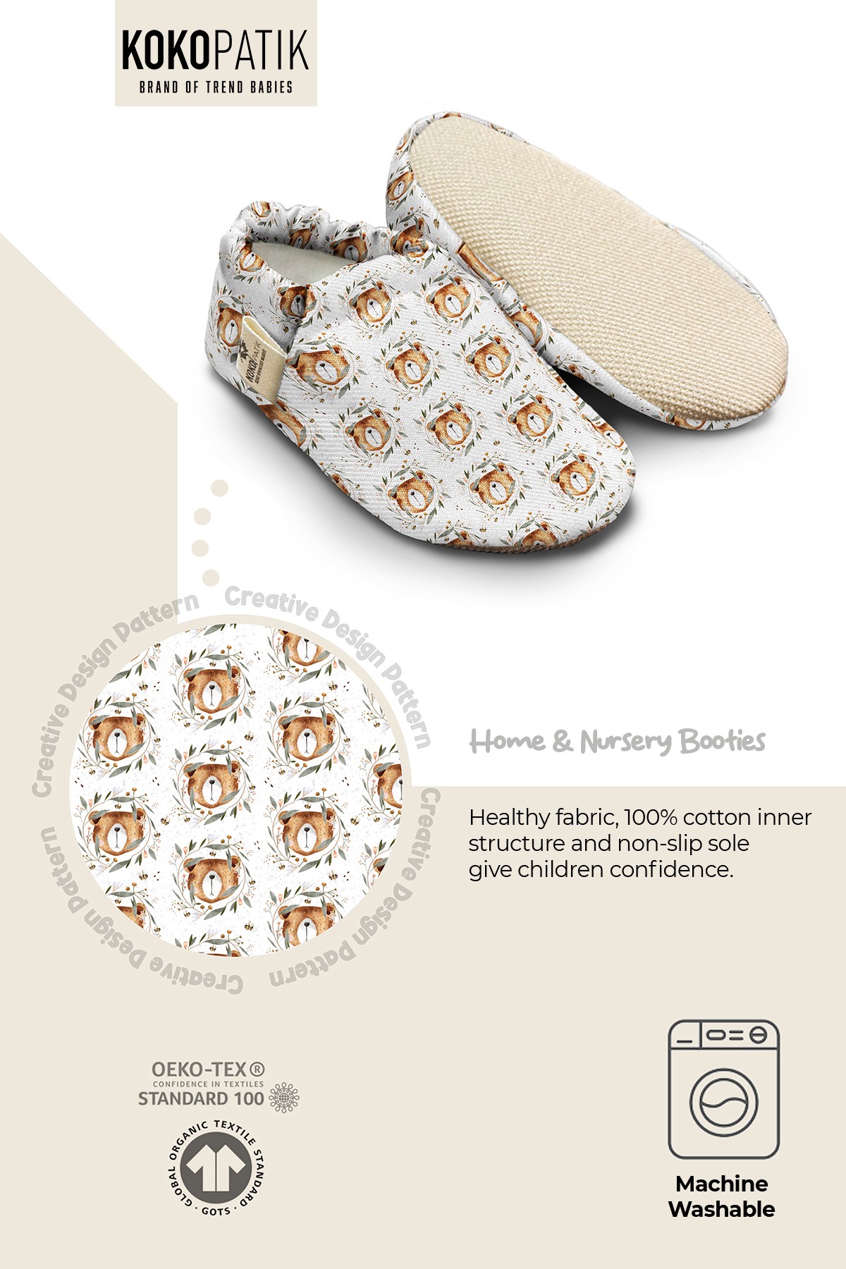 Kokopatik, Organic Cotton Baby Booties, Non-Slip Sole, Newborn Booties, Home Nursery Shoes, Nature Bear Pattern Booties
