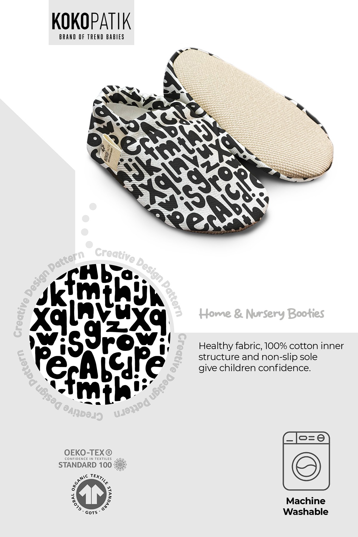 Kokopatik, Non-Slip Sole, Home & Nursery Slippers, Unisex Baby Booties, Cotton Newborn Booties, Alphabe Patterned Booties
