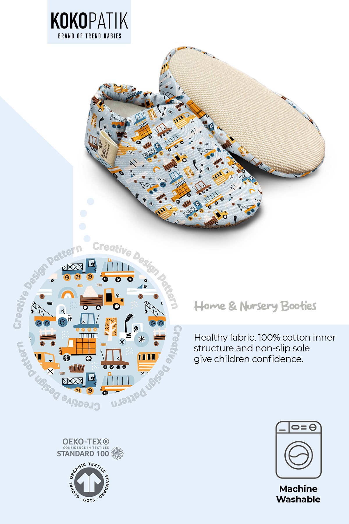 Kokopatik, Non-Slip Sole, Organic Cotton Lined Home Slippers, First Step Shoes, Construction Machinery Patterned Slippers