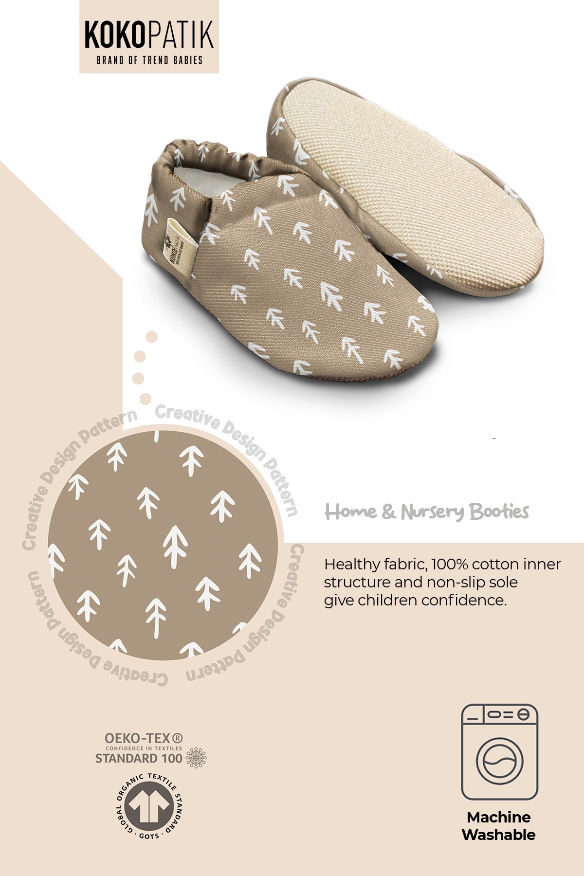 Kokopatik, Organic Cotton Baby Booties, Non-Slip Sole, Newborn Booties, Home Nursery Shoes, Brown Arrow Pattern Booties