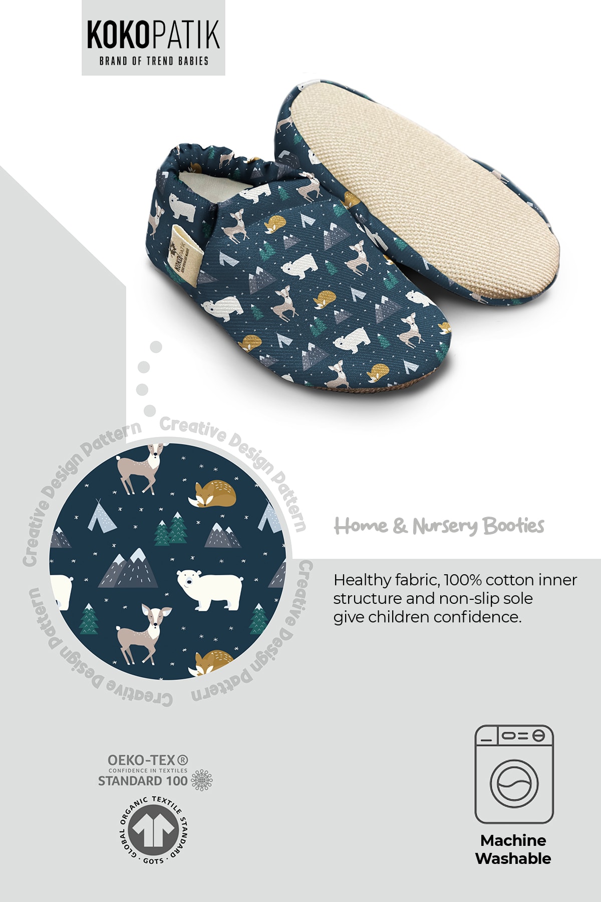 Kokopatik, Non-Slip Sole, Organic Cotton Lined Home Slippers, First Step Shoes, Winter Animals Patterned Slippers