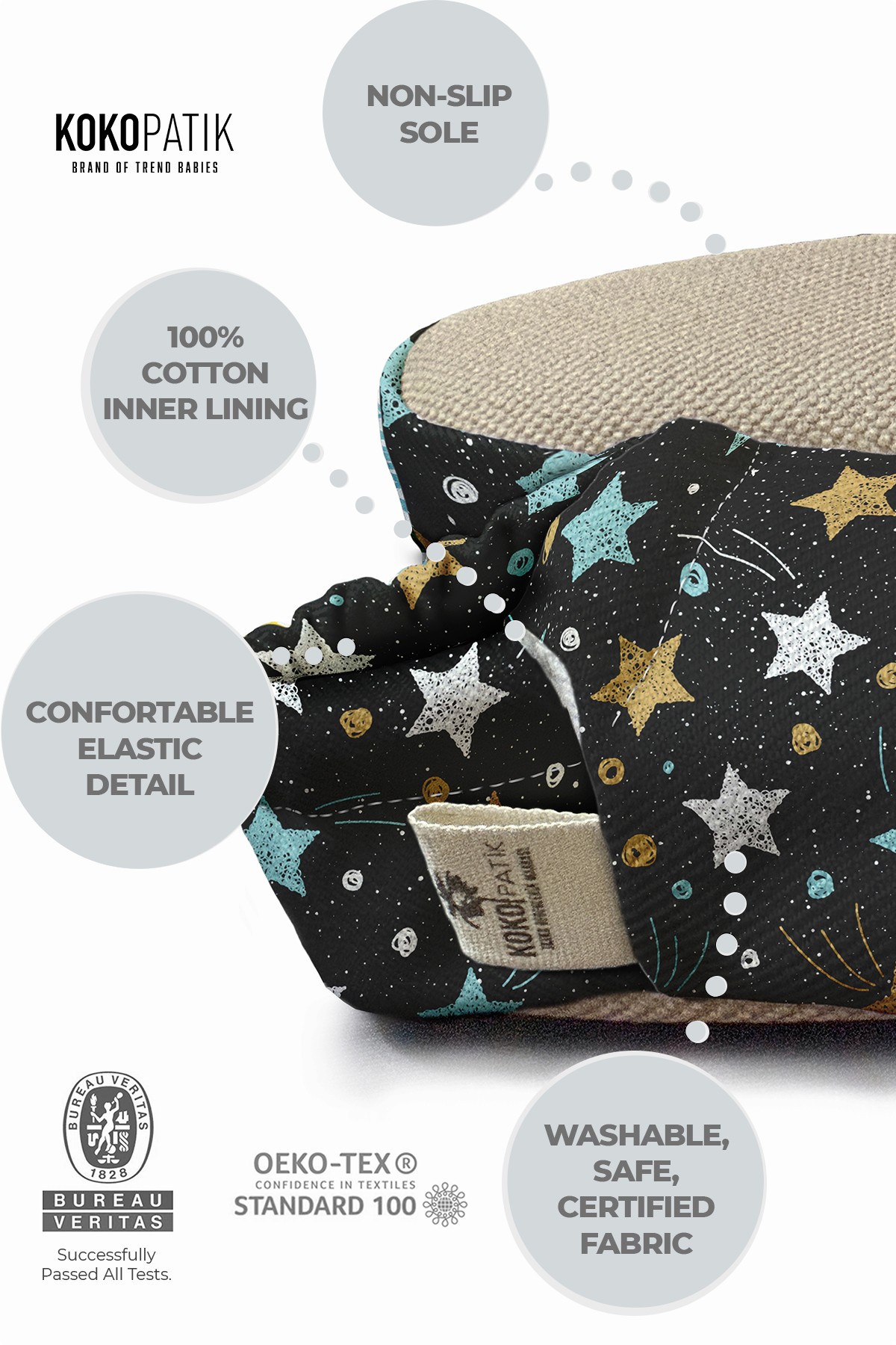 Kokopatik, Non-Slip Sole, Organic Cotton Lined Home Slippers, First Step Shoes, Comet Patterned Slippers