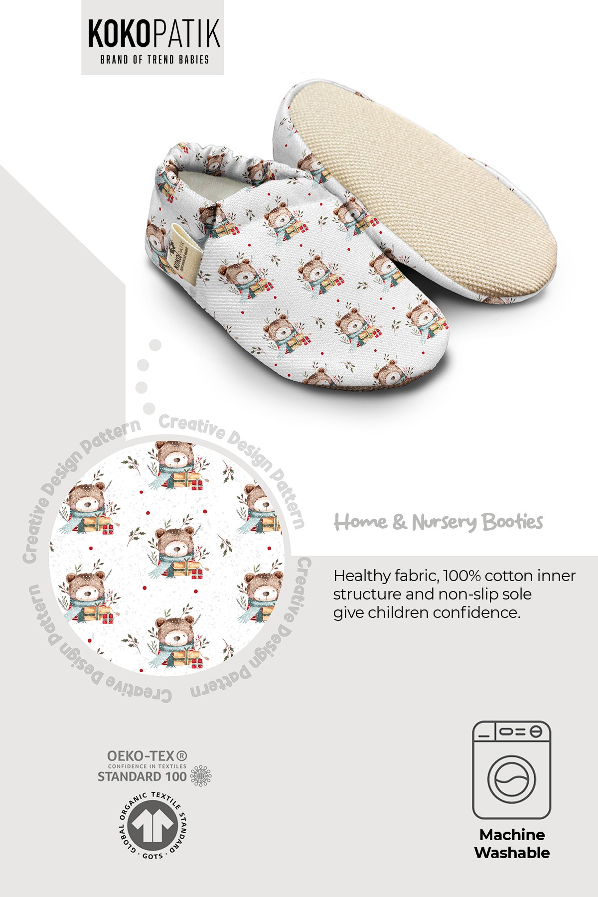 Kokopatik, Non-Slip Sole, Home Nursery Booties, Unisex Baby Booties, Cotton Newborn Booties, Floral Winter Bear Patterned Booties