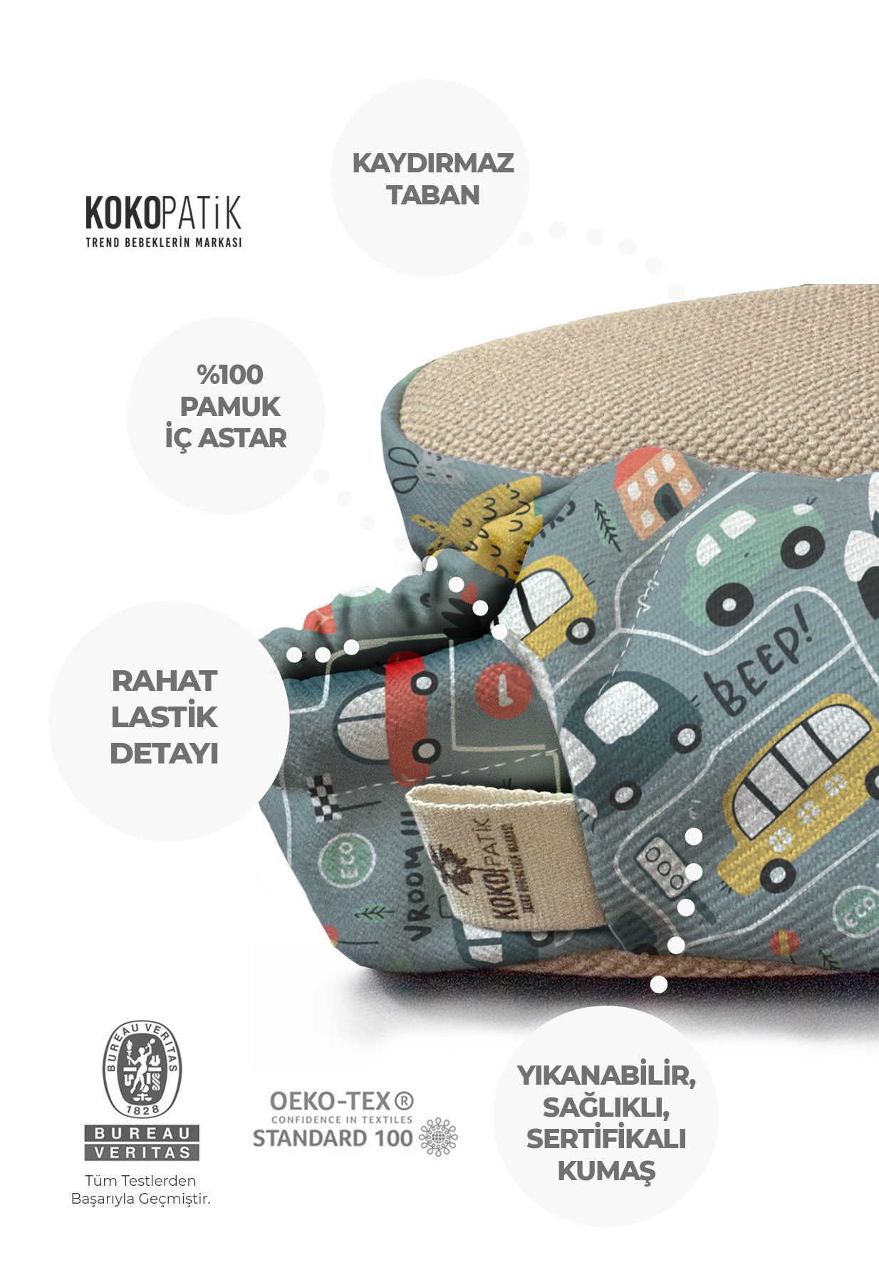 Kokopatik,Organik Pamuk Bebek Patiği,Kaydırmaz Taban,Yenidoğan Patik,Ev Kreş Ayakkabısı, Road Desen Patik