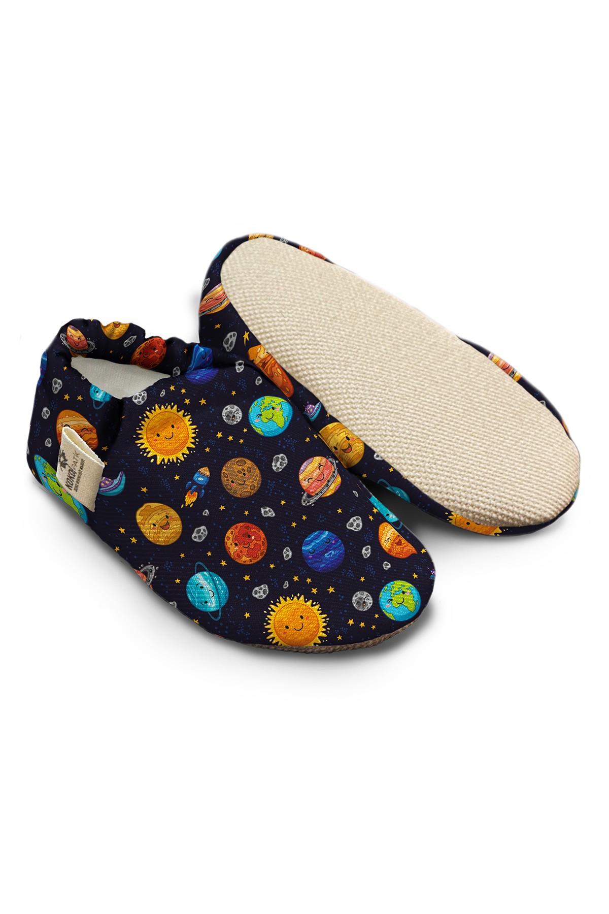 Kokopatik, Non-Slip Sole, Organic Cotton Lined Home Slippers, First Step Shoes, Happy Space Patterned Slippers
