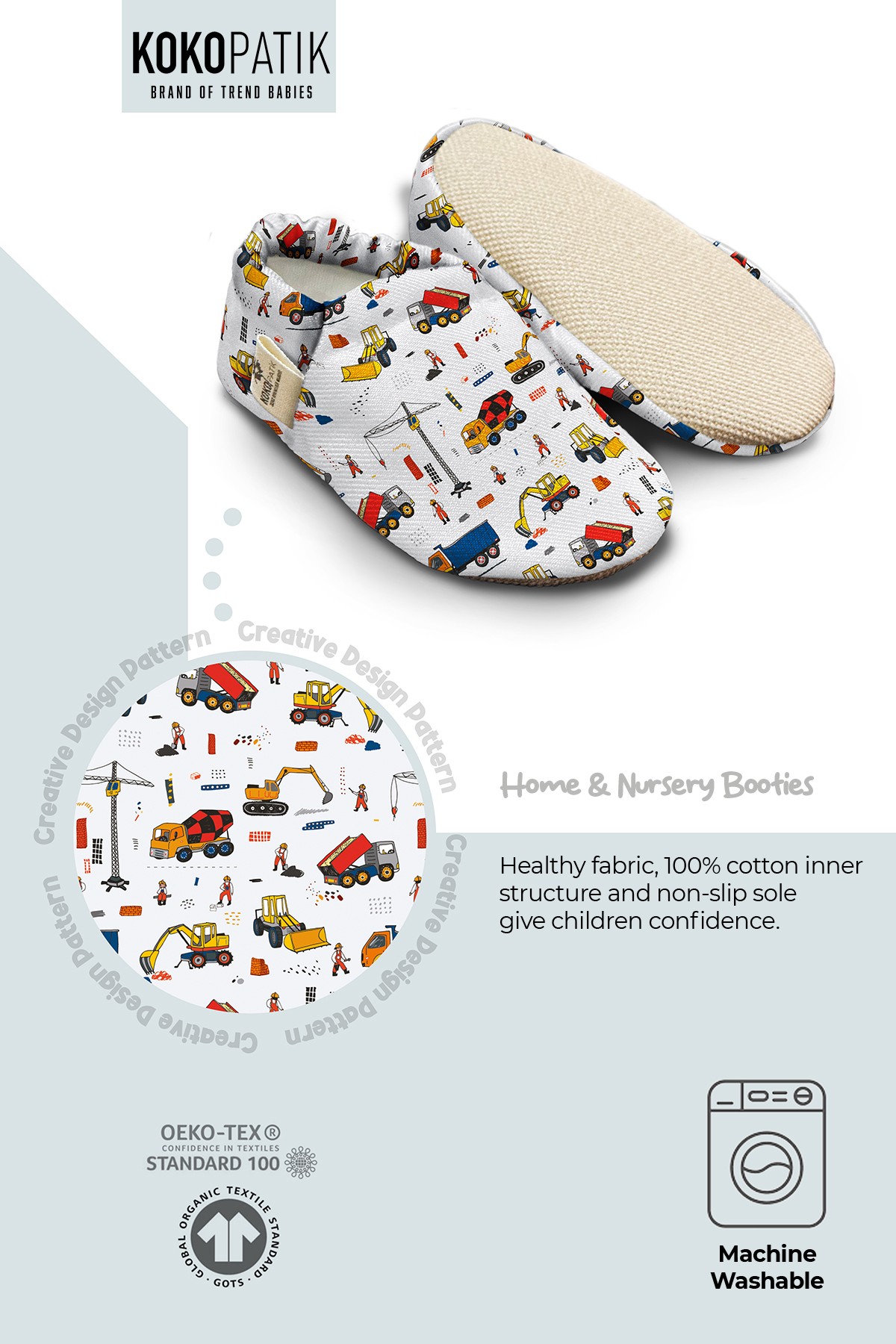 Kokopatik, Non-Slip Sole, Organic Cotton Lined Home Slippers, First Step Shoes, Construction Site Patterned Slippers