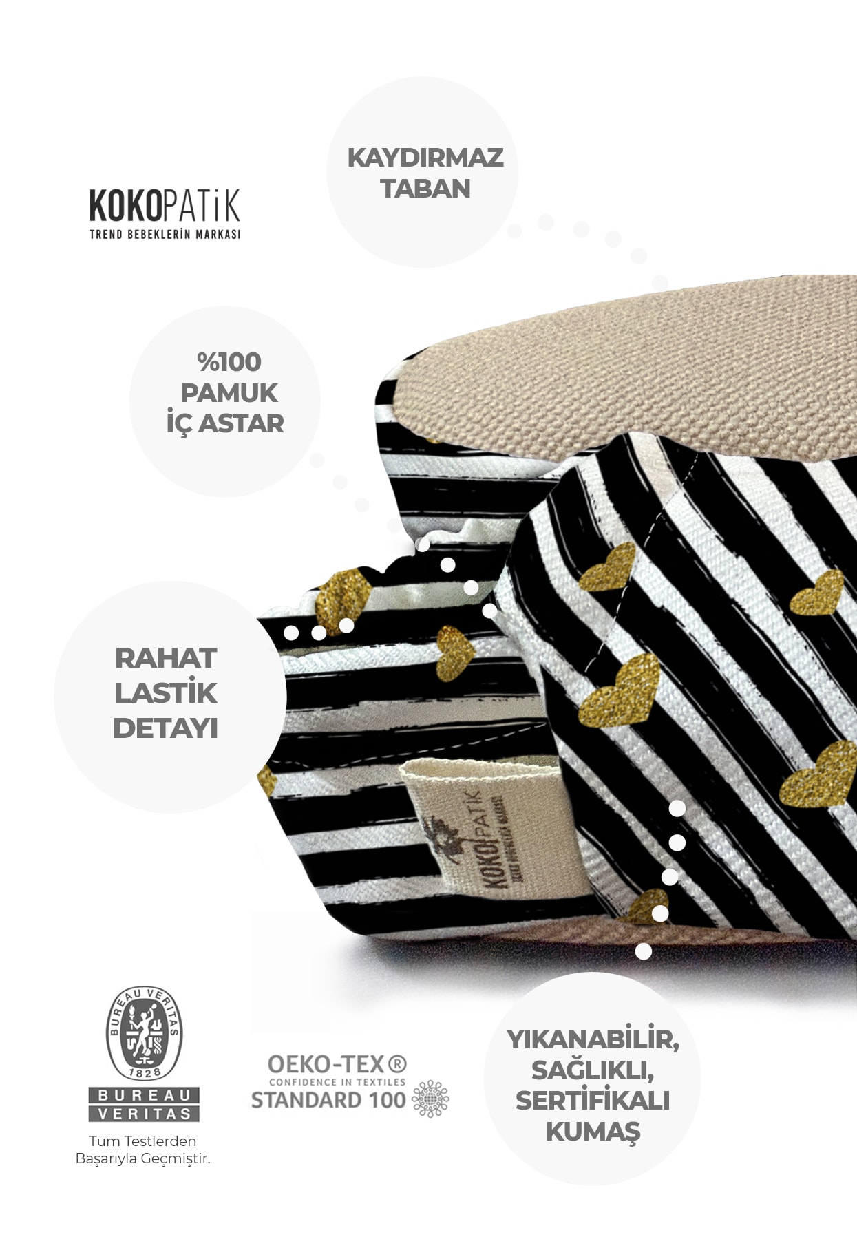 Kokopatik,Organik Pamuk Bebek Patiği,Kaydırmaz Taban,Yenidoğan Patik,Ev Kreş Ayakkabısı,Gold Kalp Desen Patik