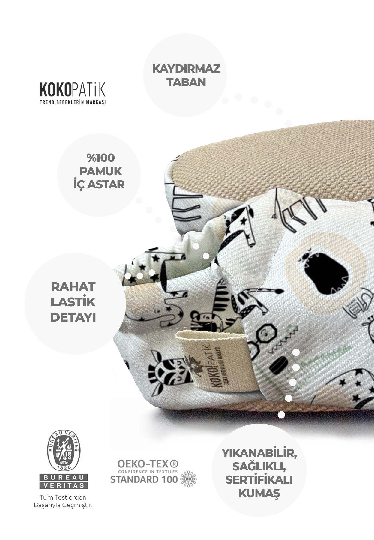 Kokopatik,Organik Pamuk Bebek Patiği,Kaydırmaz Taban,Yenidoğan Patik,Ev Kreş Ayakkabısı, Karikatür Desen Patik