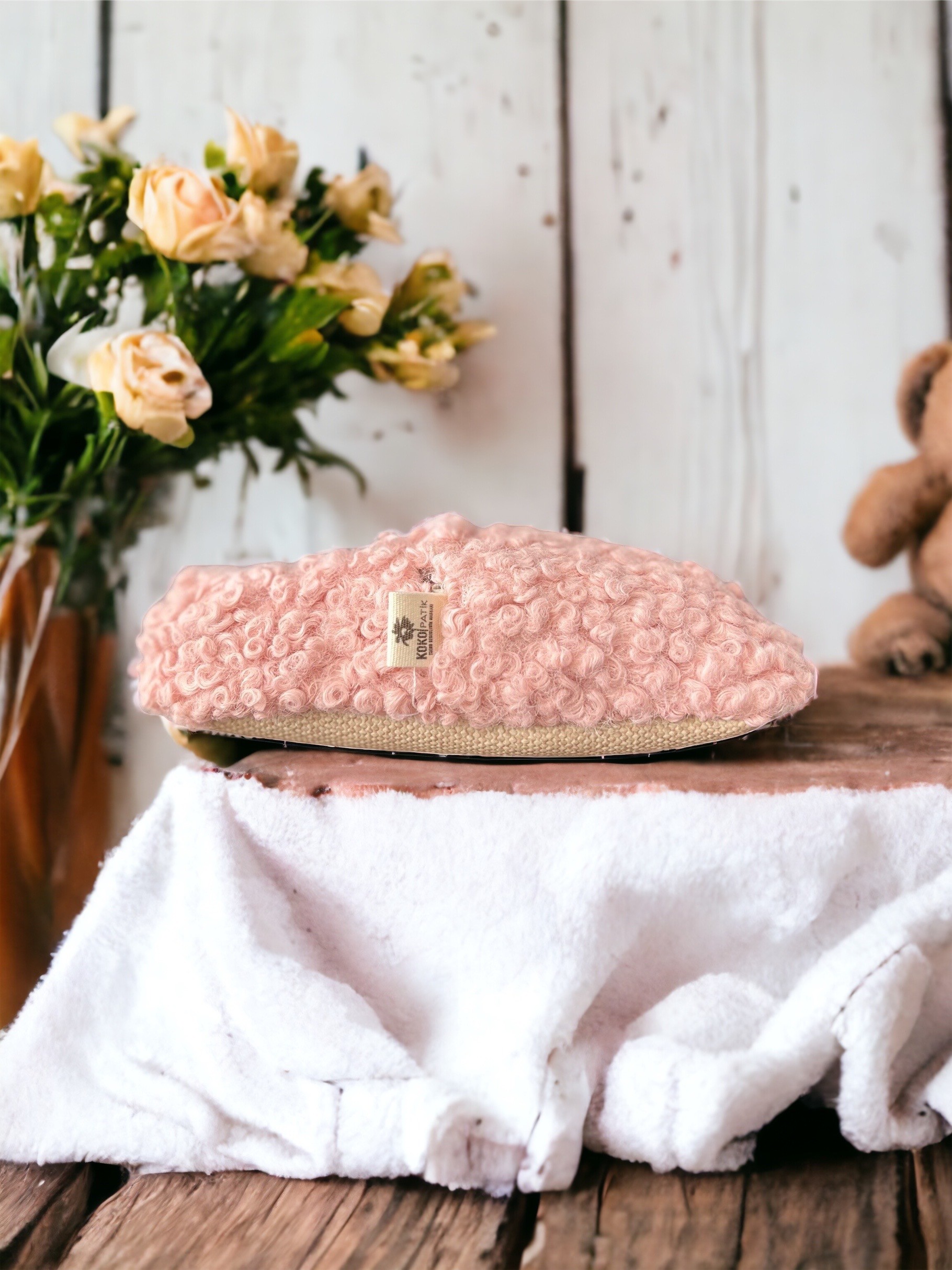 Kokopatik,Kaydırmaz Tabanlı,İlk Adım Ev Patiği,Organik Pamuk Astarlı,Terletmez,Üşütmez,Pembe Teddy Patik