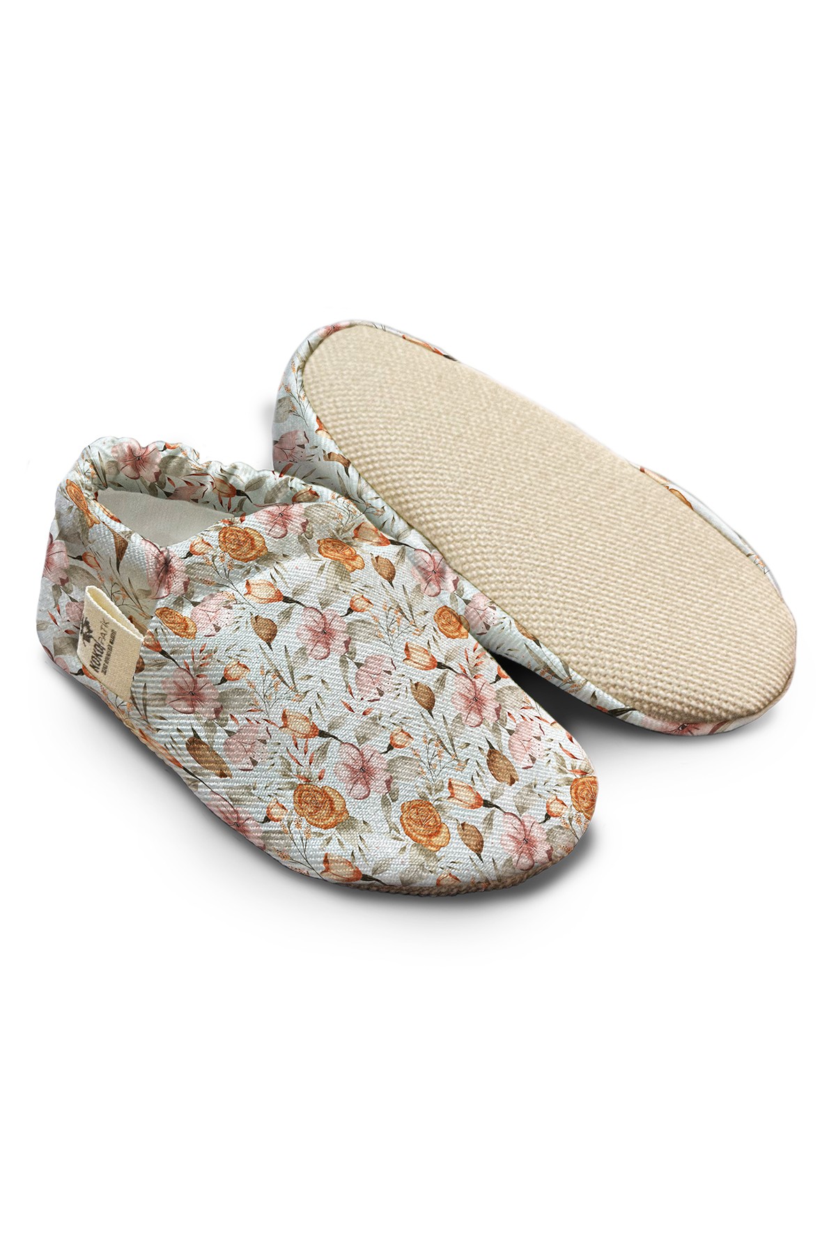 Kokopatik Organic Cotton Baby Booties, Non-Slip Sole, Newborn Shoe, Indoor/Creche Footwear, Bohemian Flowers Pattern