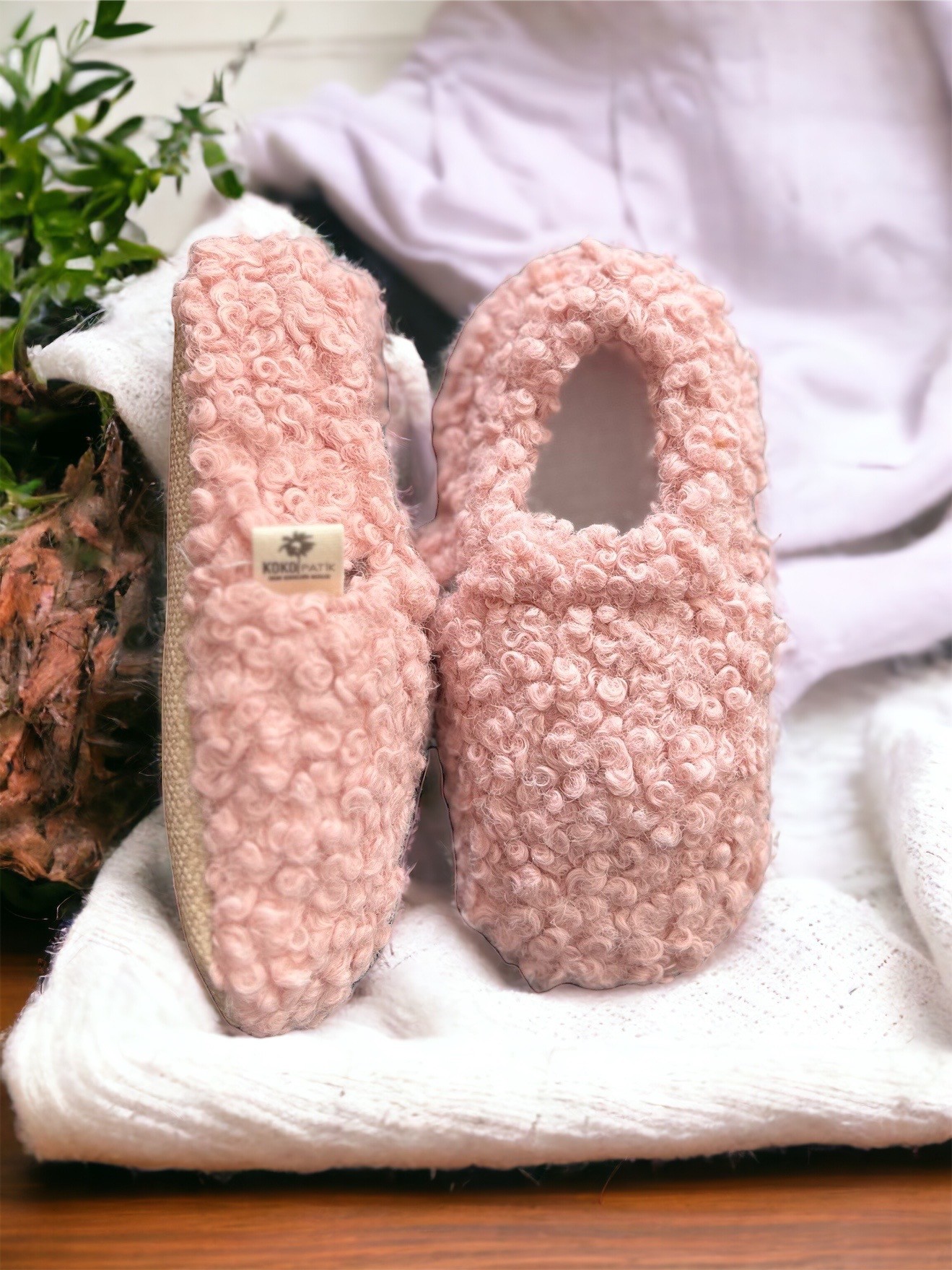 Kokopatik,Kaydırmaz Tabanlı,İlk Adım Ev Patiği,Organik Pamuk Astarlı,Terletmez,Üşütmez,Pembe Teddy Patik