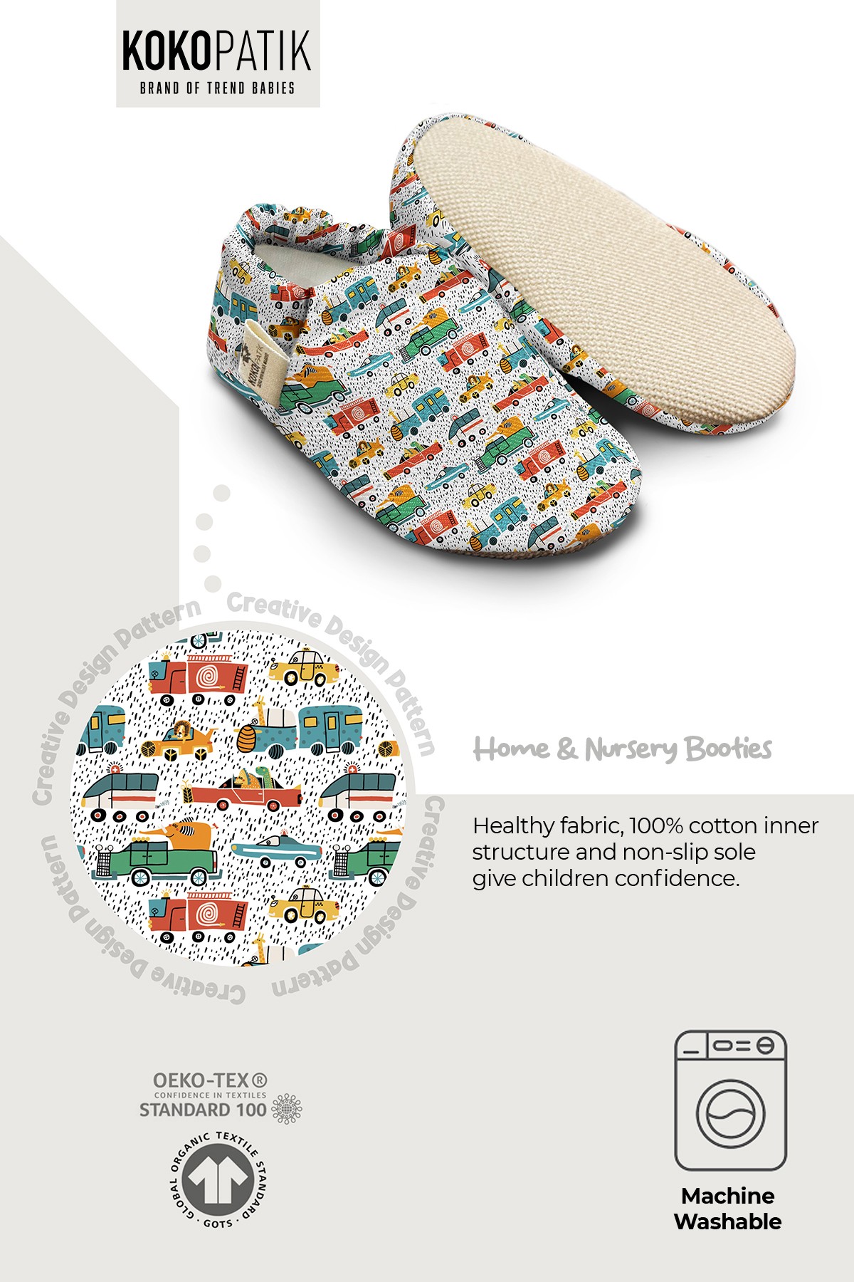 Kokopatik, Organic Cotton Baby Booties, Non-Slip Sole, Newborn Booties, Home Nursery Shoes, Migratory Animals Pattern Booties