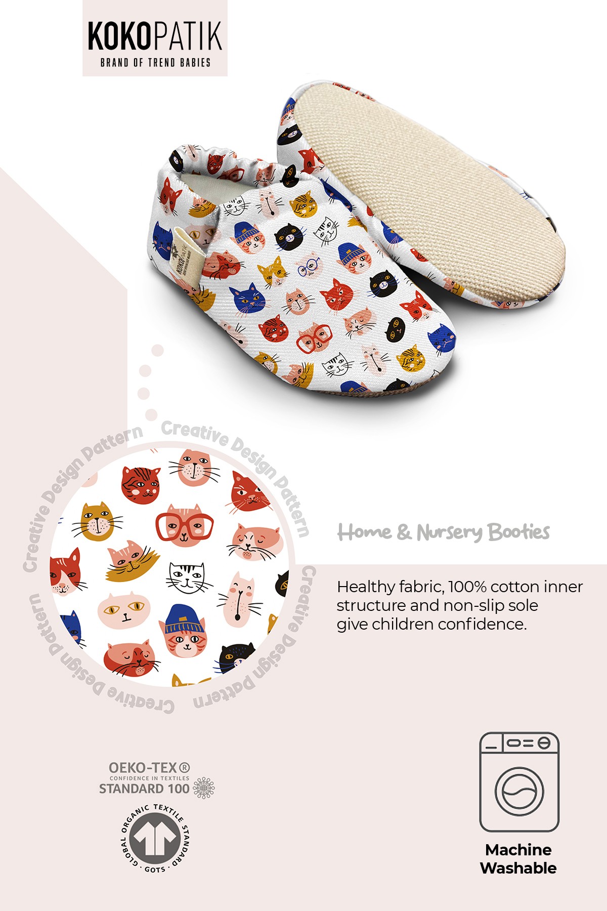 Kokopatik, Non-Slip Sole, Organic Cotton Lined Home Slippers, First Step Shoes, Cat Head Patterned Slippers