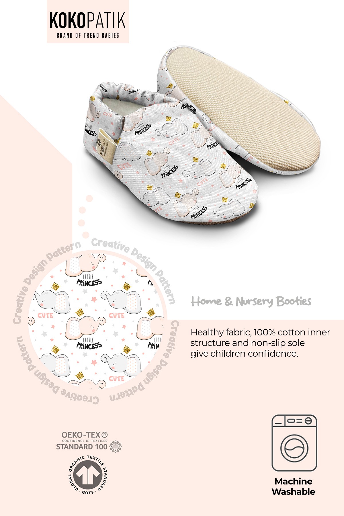 Kokopatik, Non-Slip Sole, Organic Cotton Lined Home Slippers, First Step Shoes, Little Elephant Patterned Slippers