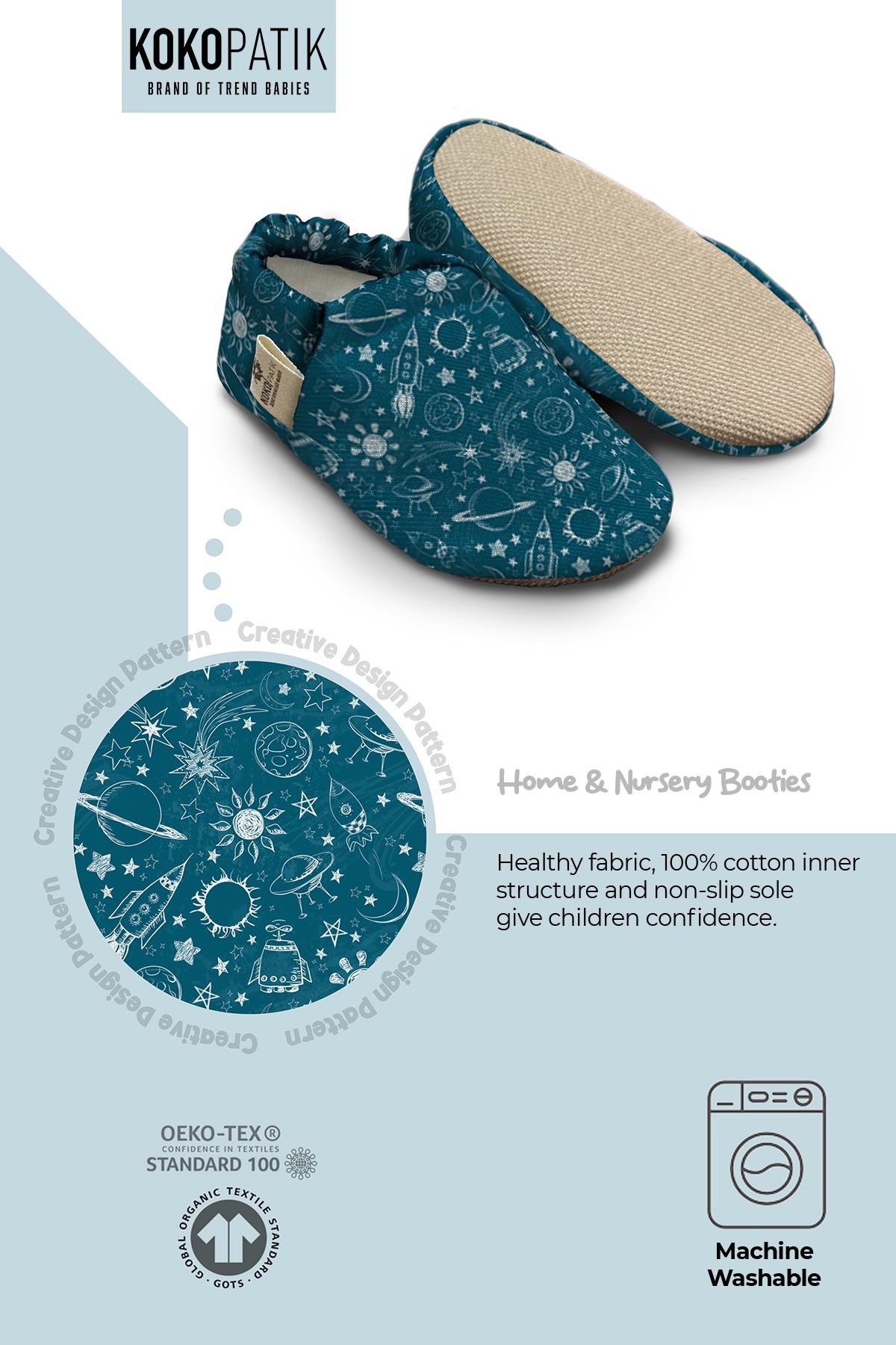 Kokopatik, Organic Cotton Baby Booties, Non-Slip Sole, Newborn Booties, Home Nursery Shoes, Space Pattern Booties