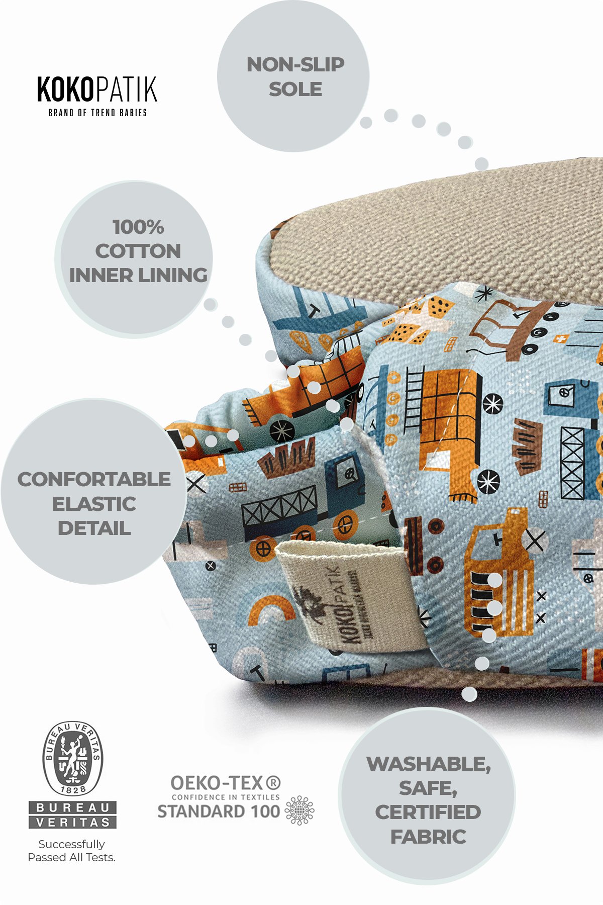 Kokopatik, Non-Slip Sole, Organic Cotton Lined Home Slippers, First Step Shoes, Construction Machinery Patterned Slippers