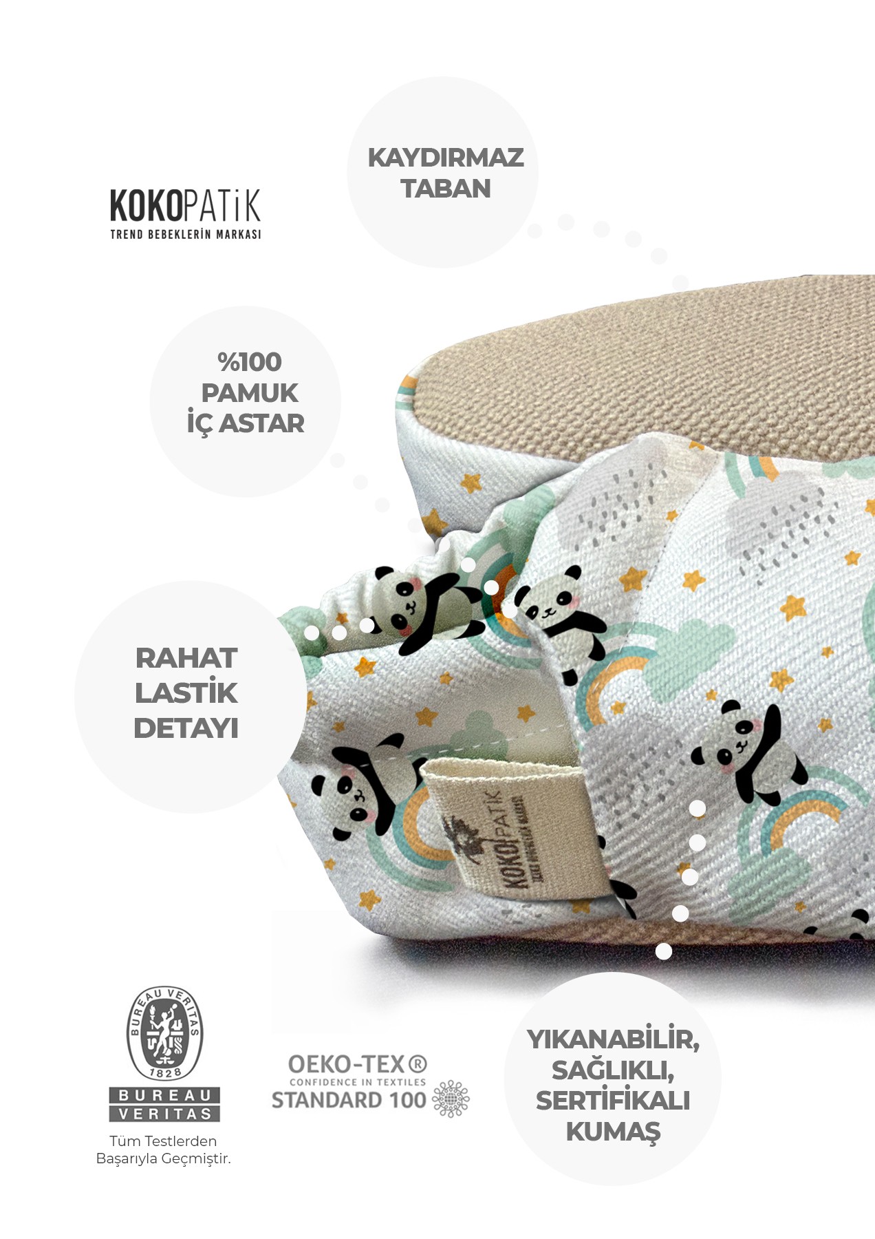 Kokopatik,Organik Pamuk Bebek Patiği,Kaydırmaz Taban,Yenidoğan Patik,Ev Kreş Ayakkabısı, Panda Desen Patik