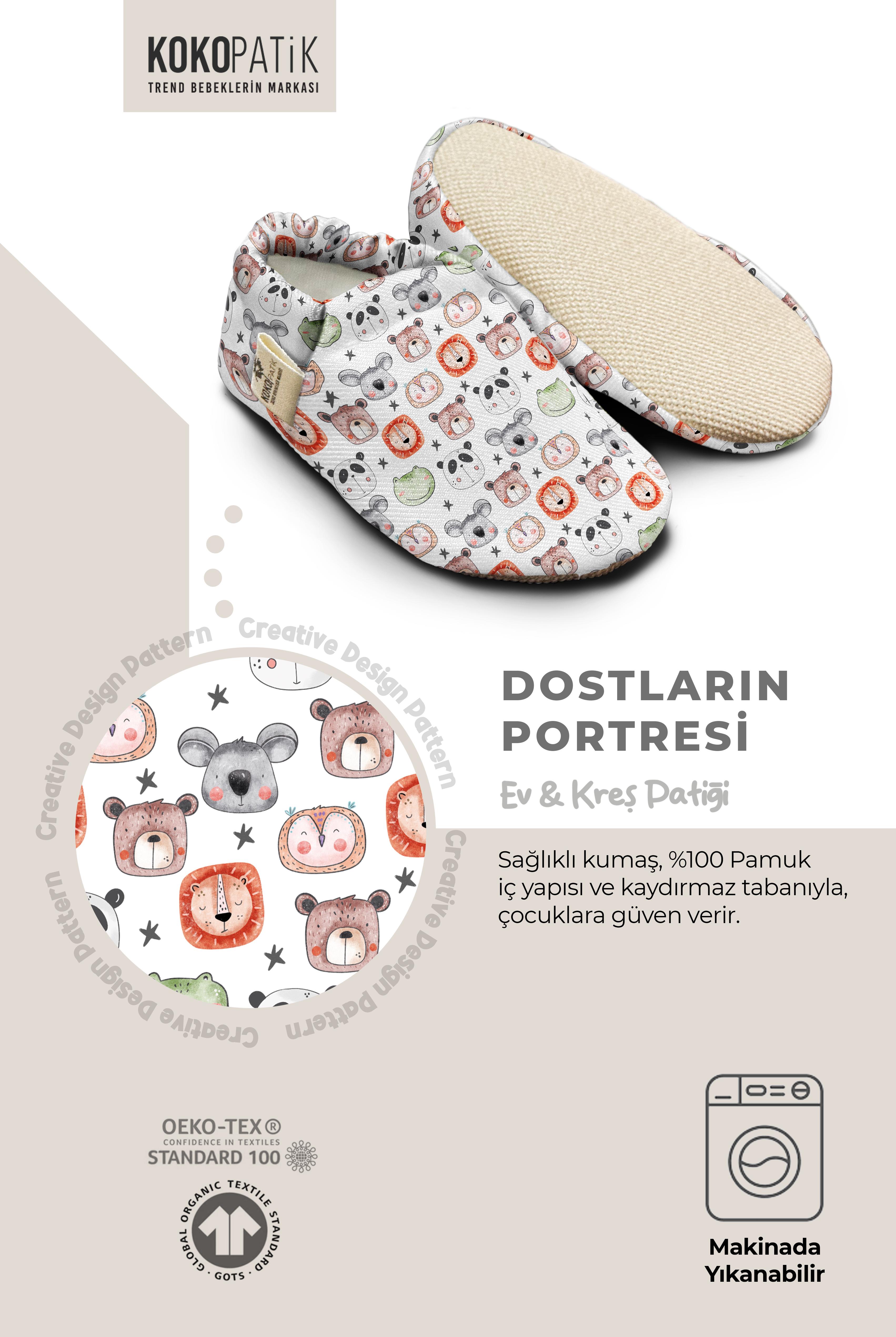 Kokopatik,Organik Pamuk Bebek Patiği,Kaydırmaz Taban,Yenidoğan Patik,Ev Kreş Ayakkabısı,Dostların Portresi Desen Patik