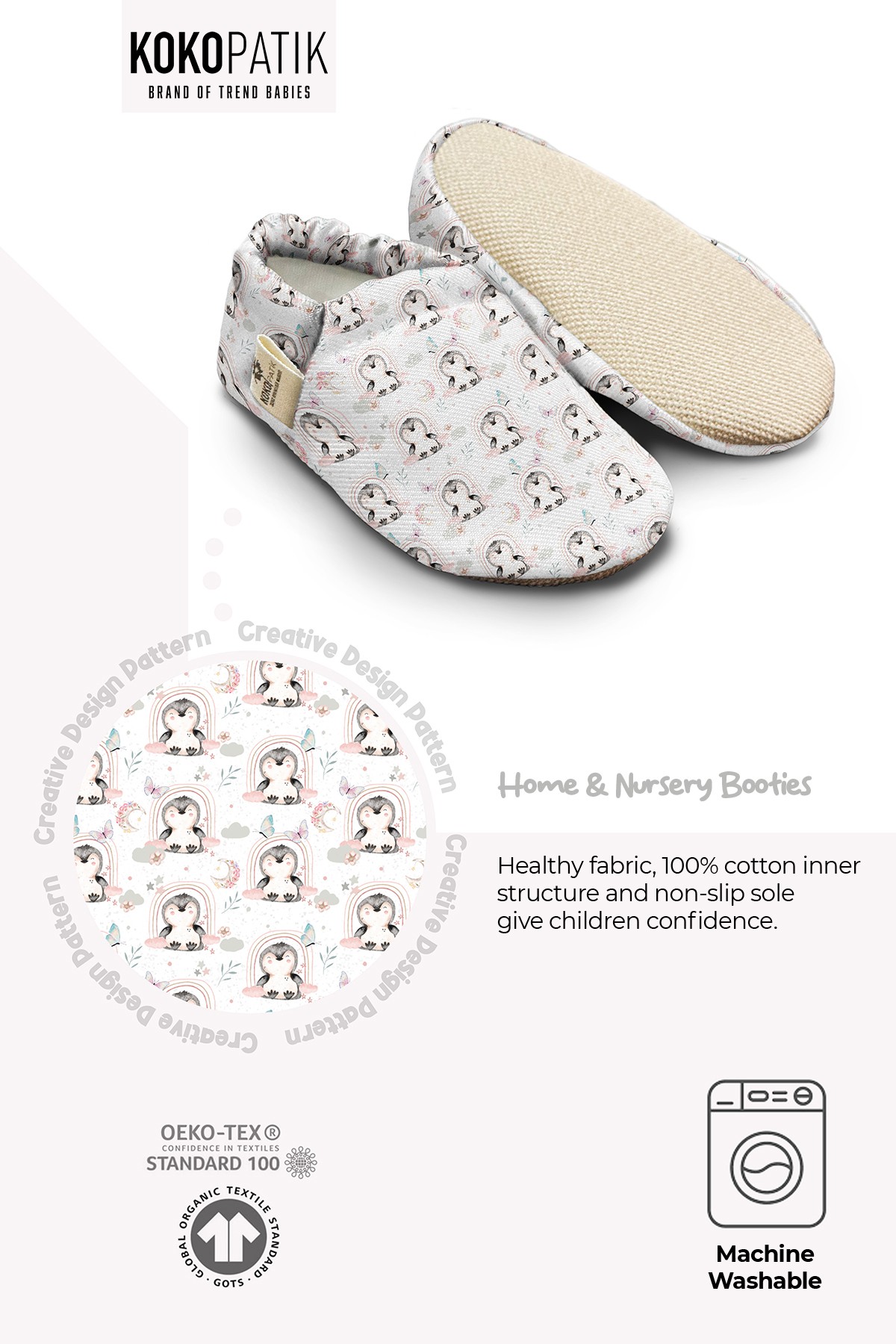 Kokopatik, Non-Slip Sole, Home Nursery Booties, Unisex Baby Booties, Cotton Newborn Booties, Penguin Dream Patterned Booties