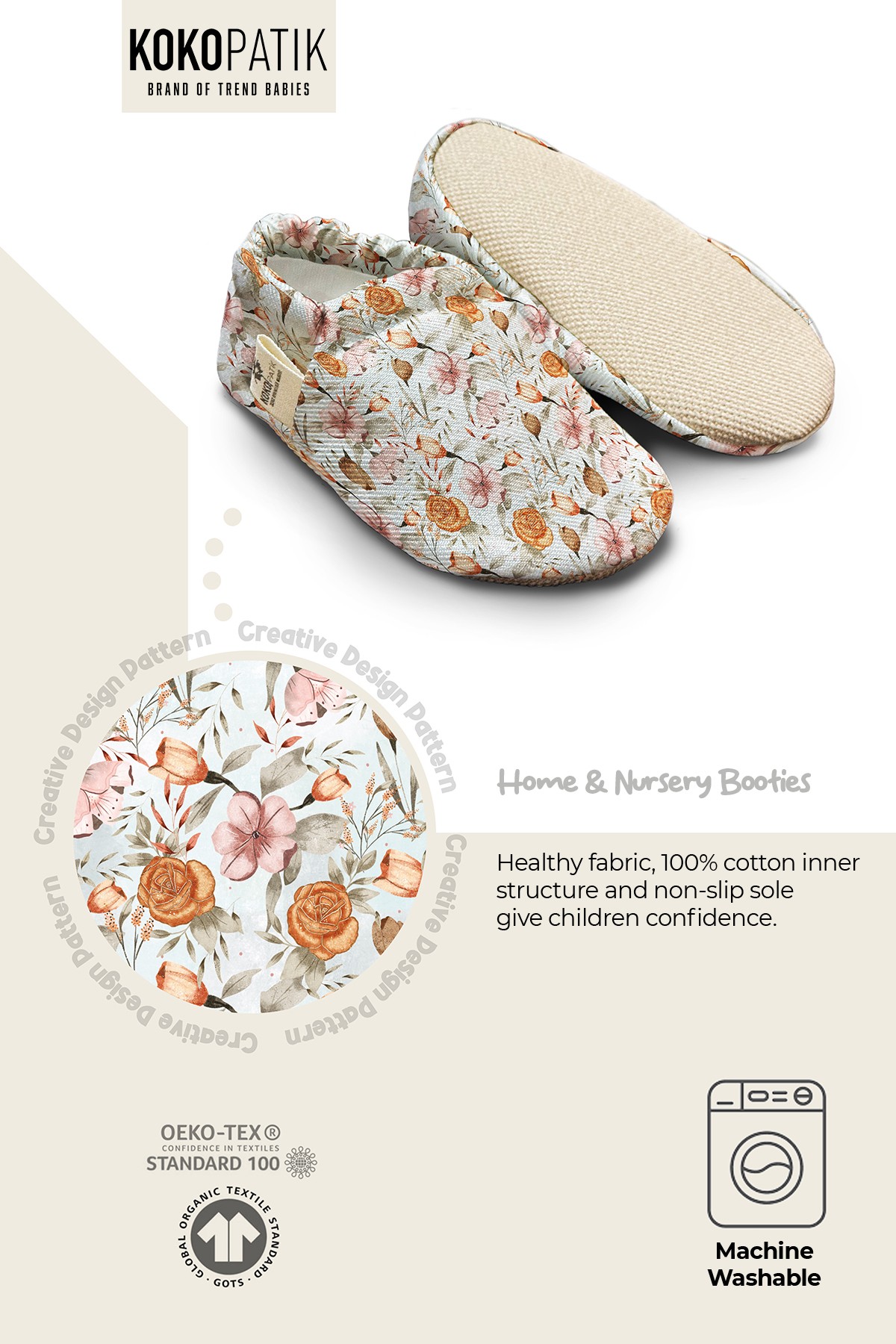Kokopatik Organic Cotton Baby Booties, Non-Slip Sole, Newborn Shoe, Indoor/Creche Footwear, Bohemian Flowers Pattern