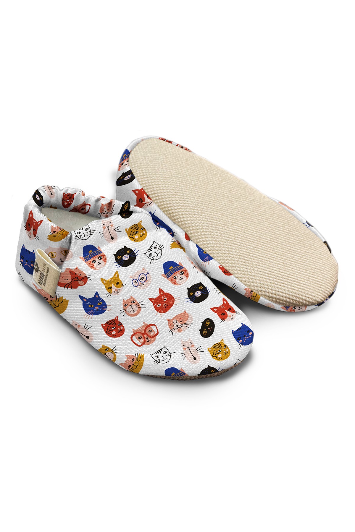 Kokopatik, Non-Slip Sole, Organic Cotton Lined Home Slippers, First Step Shoes, Cat Head Patterned Slippers