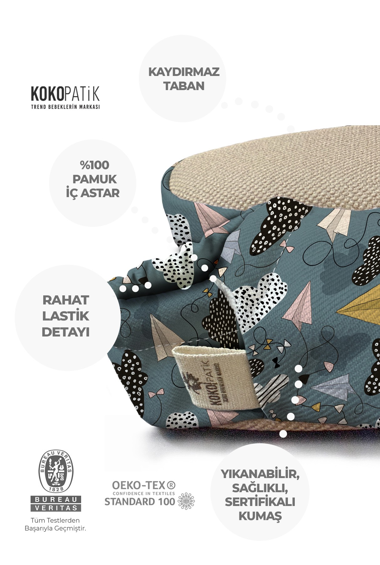 Kokopatik,Organik Pamuk Bebek Patiği,Kaydırmaz Taban,Yenidoğan Patik,Ev Kreş Ayakkabısı,Uçurtma Desen Patik