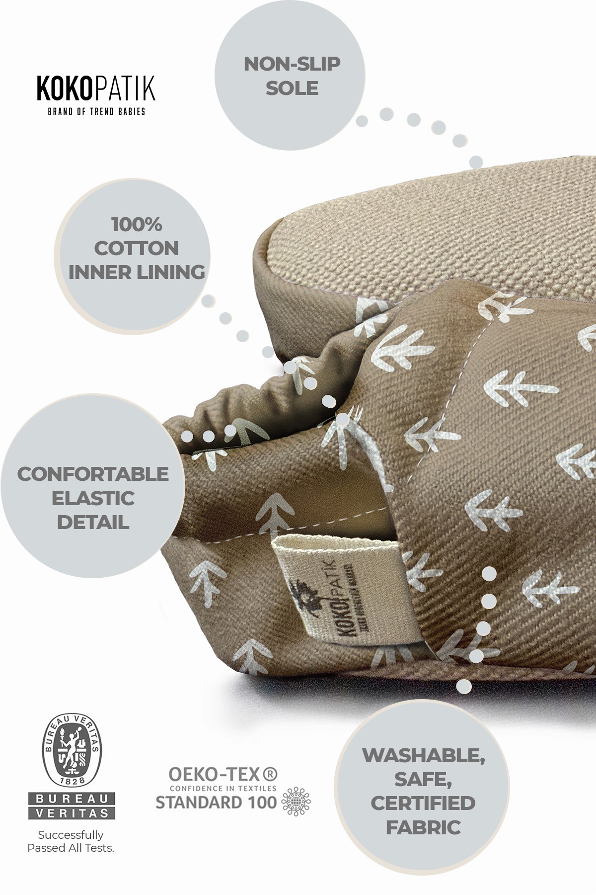 Kokopatik, Organic Cotton Baby Booties, Non-Slip Sole, Newborn Booties, Home Nursery Shoes, Brown Arrow Pattern Booties
