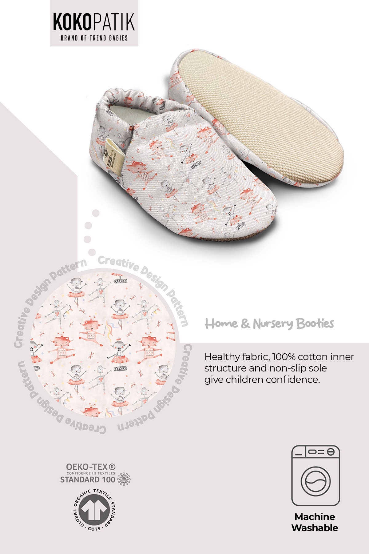 Kokopatik, Non-Slip Sole, Home & Nursery Slippers, Unisex Baby Booties, Cotton Newborn Booties, Robobale Patterned Booties