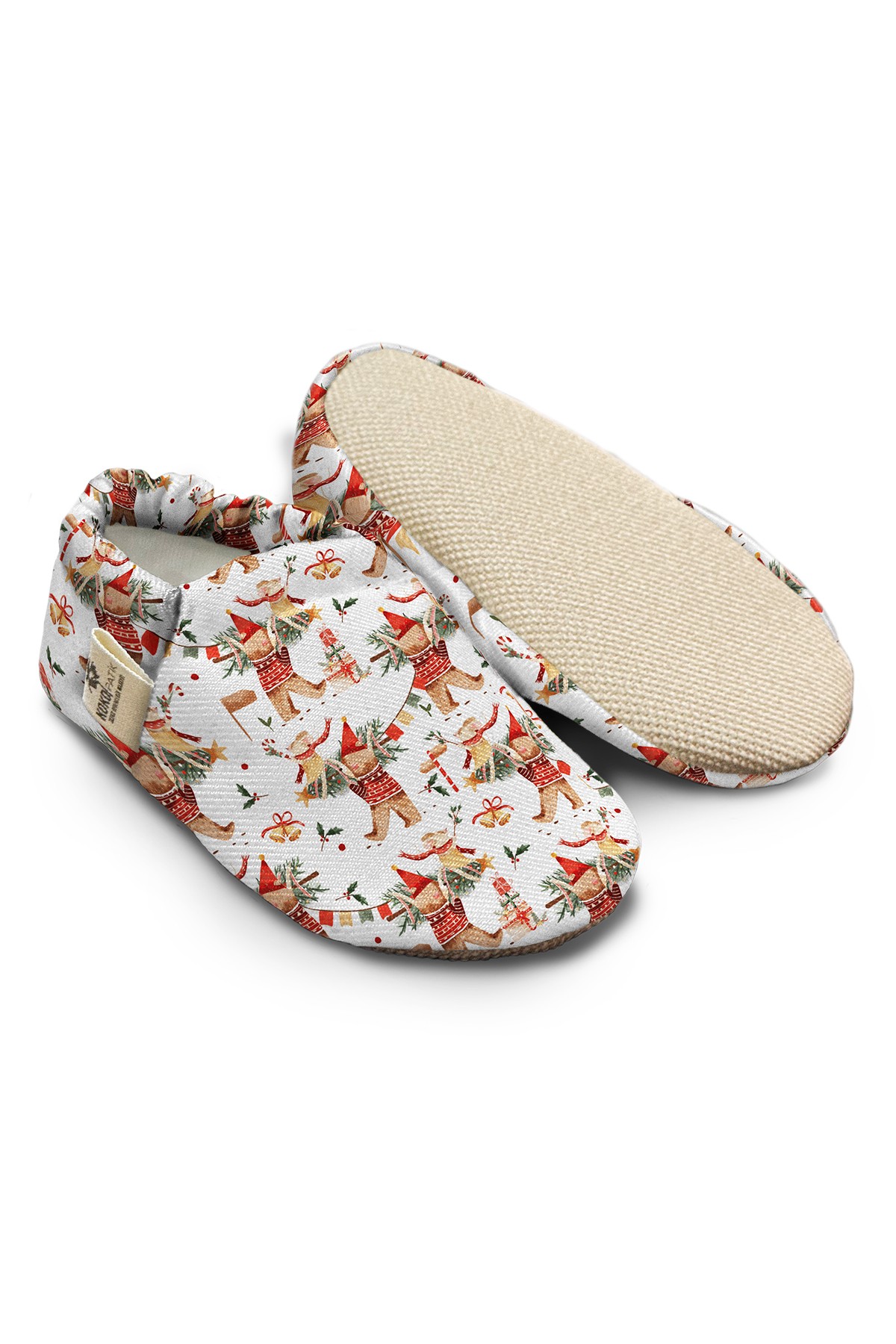 Kokopatik, Non-Slip Sole, Organic Cotton Lined Home Slippers, First Step Shoes, Christmas Bear Feast Patterned Slippers