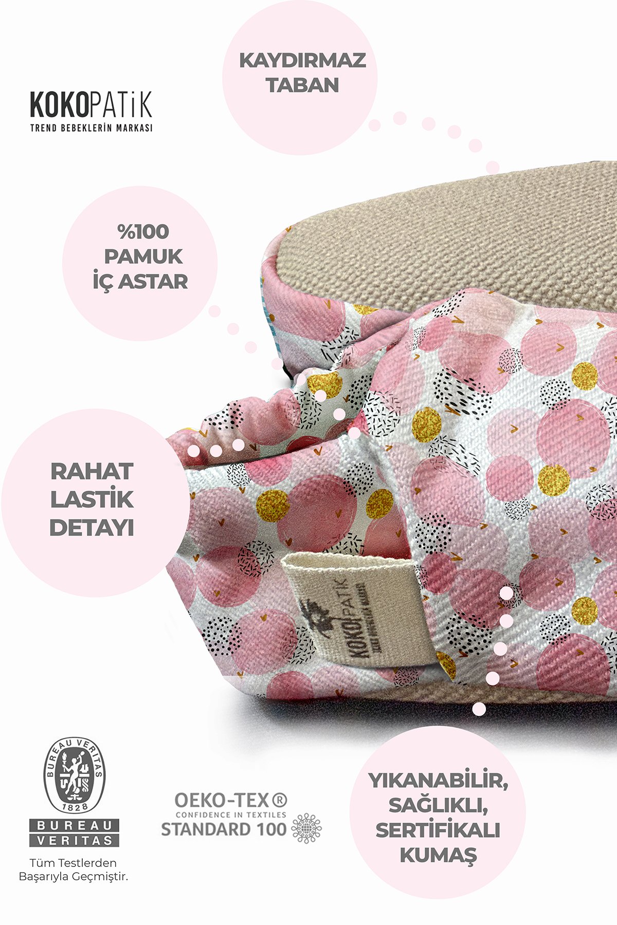 Kokopatik,Kaydırmaz Taban,Ev Kreş Patiği,Unisex Bebek Patiği,Pamuklu Yenidoğan Patik,Pembe Baloncuk Desenli Patik