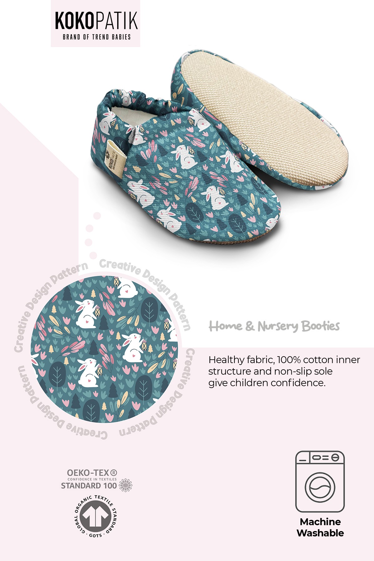 Kokopatik, Non-Slip Sole, Home Nursery Booties, Unisex Baby Booties, Cotton Newborn Booties, Rabbit Patterned Booties