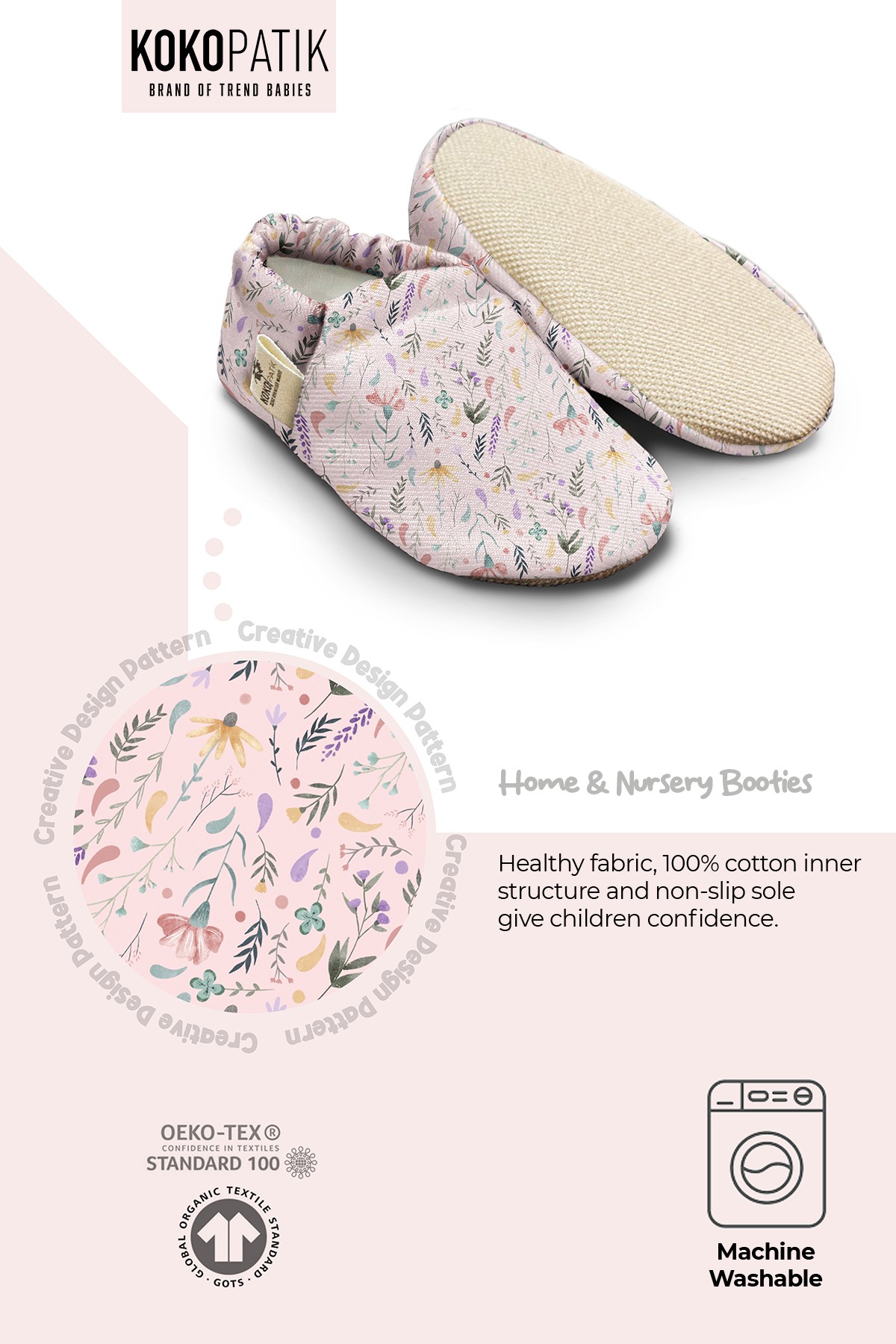 Kokopatik, Non-Slip Sole, Home Nursery Booties, Unisex Baby Booties, Cotton Newborn Booties, Pink Spring Patterned Booties