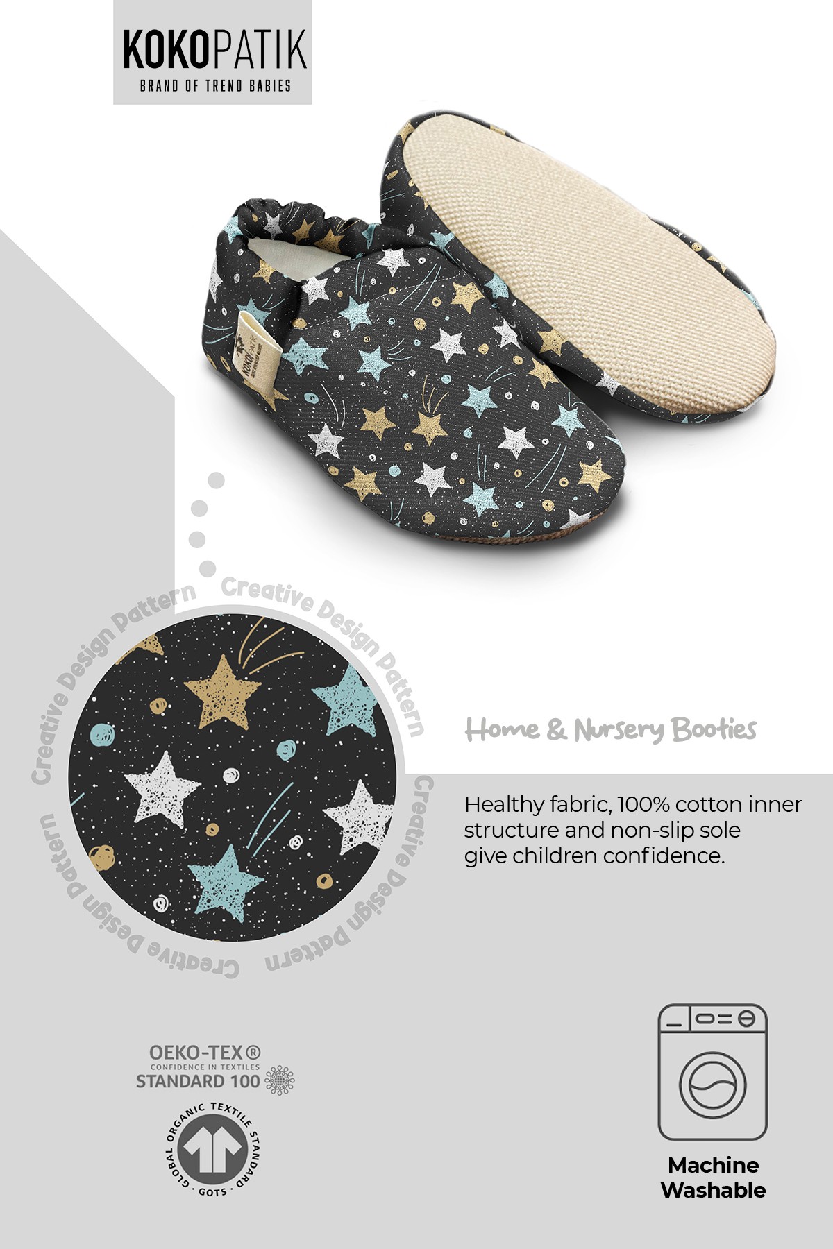 Kokopatik, Non-Slip Sole, Organic Cotton Lined Home Slippers, First Step Shoes, Comet Patterned Slippers