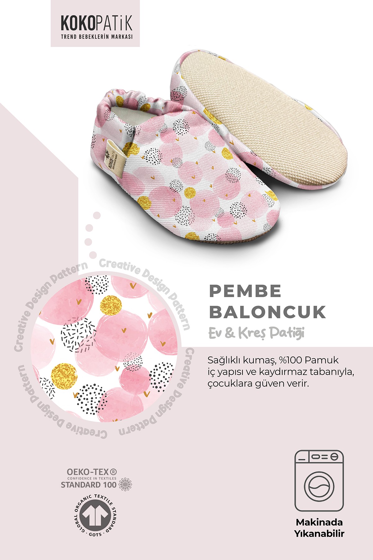 Kokopatik,Kaydırmaz Taban,Ev Kreş Patiği,Unisex Bebek Patiği,Pamuklu Yenidoğan Patik,Pembe Baloncuk Desenli Patik