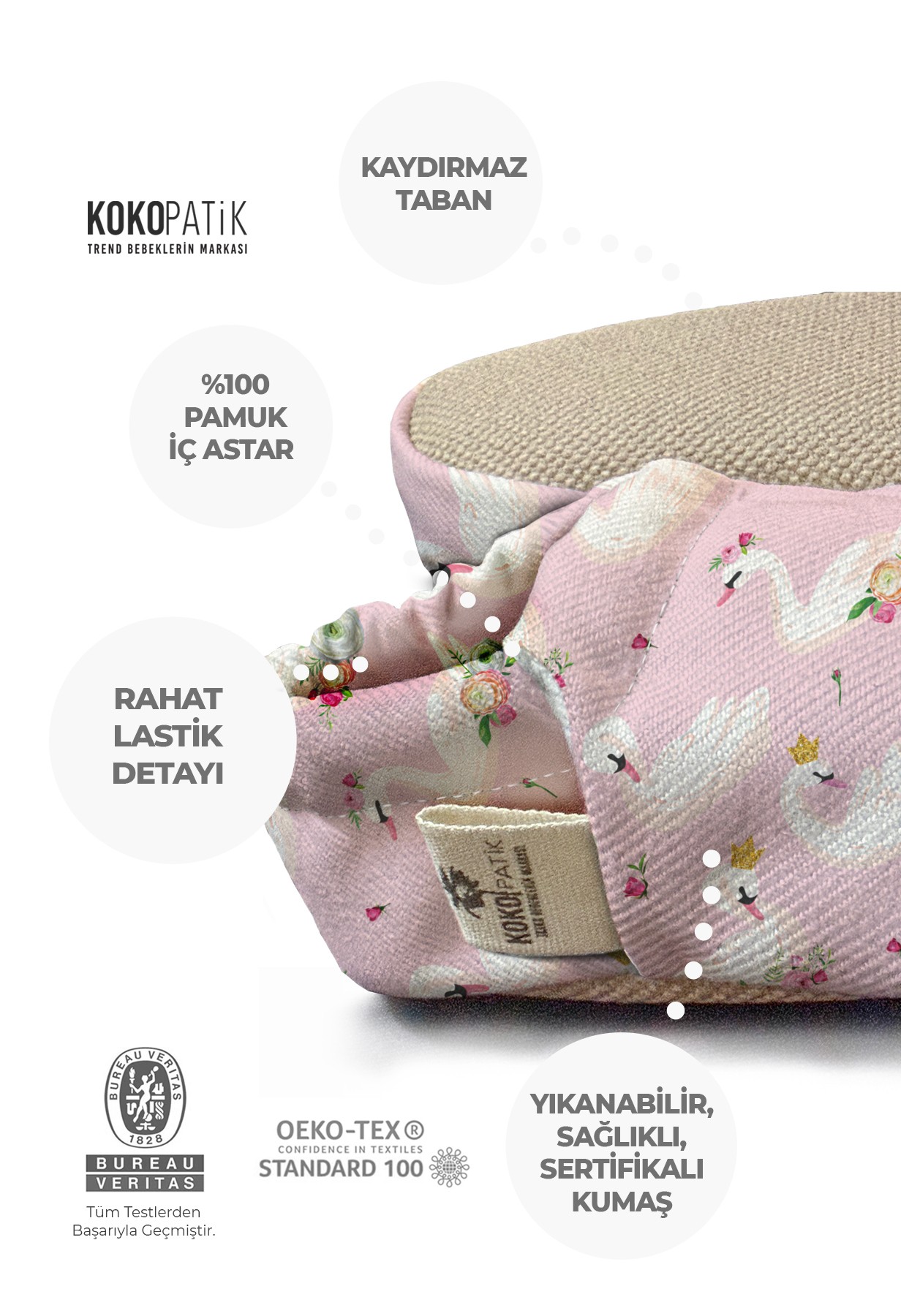 Kokopatik,Organik Pamuk Bebek Patiği,Kaydırmaz Taban,Yenidoğan Patik,Ev Kreş Ayakkabısı, Taçlı Kuğu Desen Patik