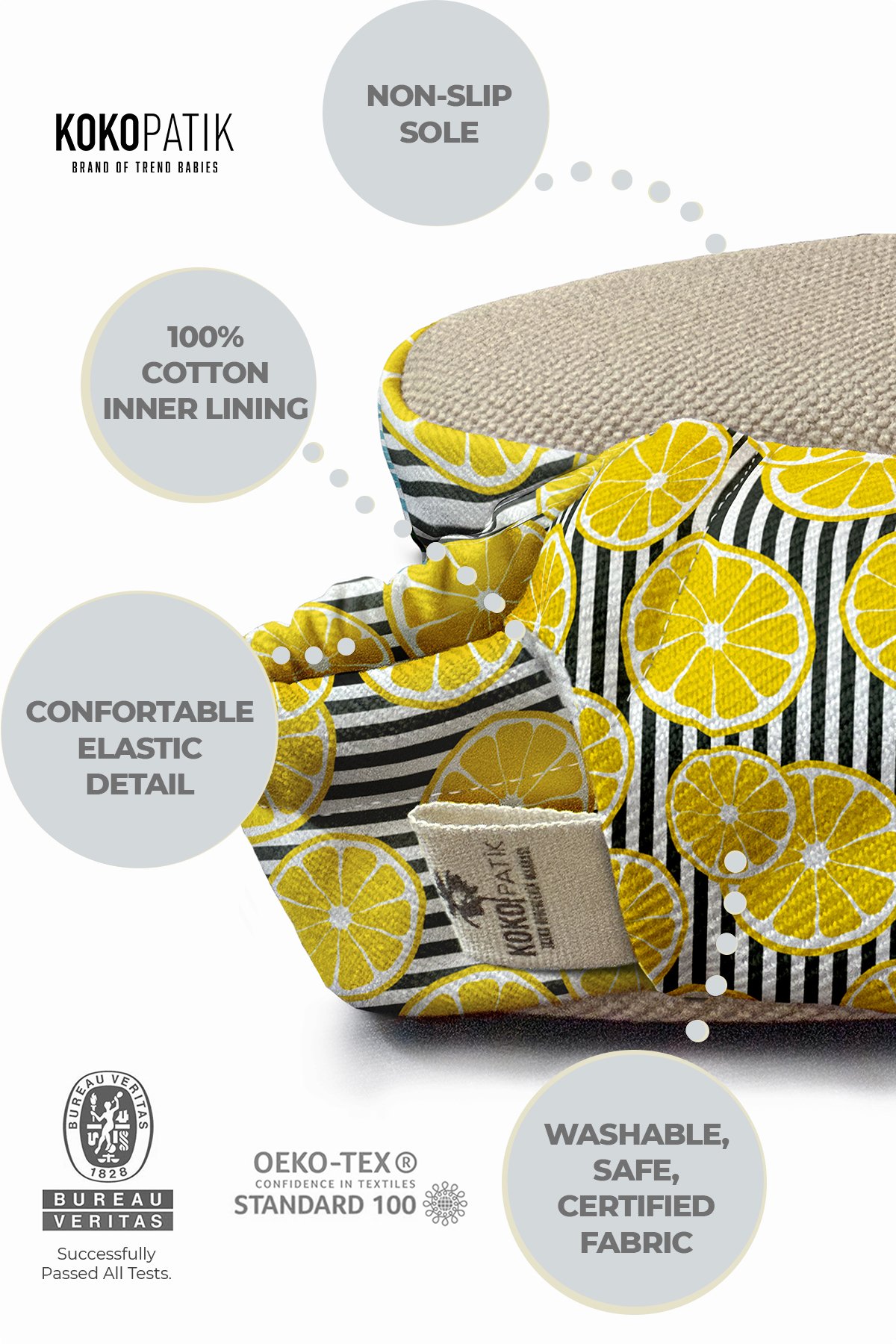 Kokopatik, Non-Slip Sole, Organic Cotton Lined Home Slippers, First Step Shoes, Lemon Patterned Slippers