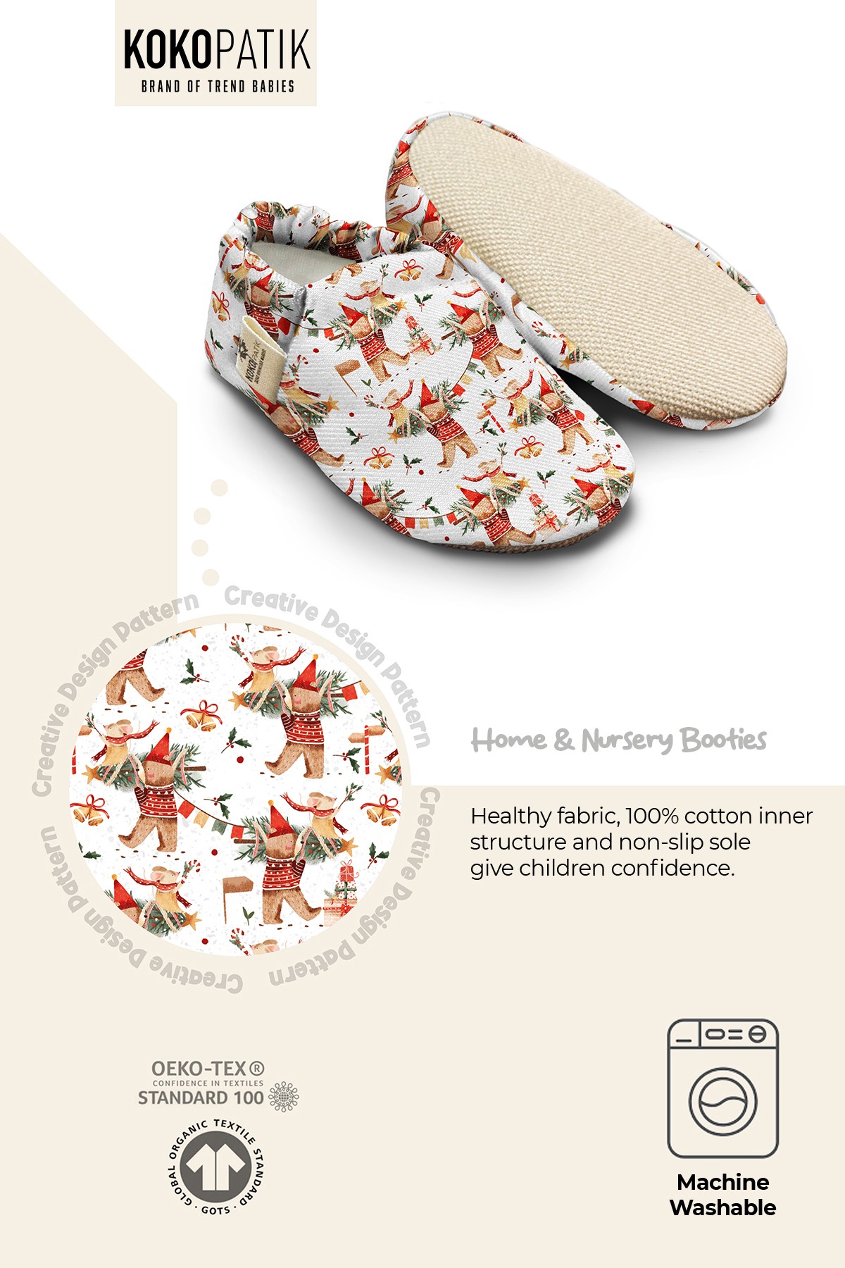 Kokopatik, Non-Slip Sole, Organic Cotton Lined Home Slippers, First Step Shoes, Christmas Bear Feast Patterned Slippers