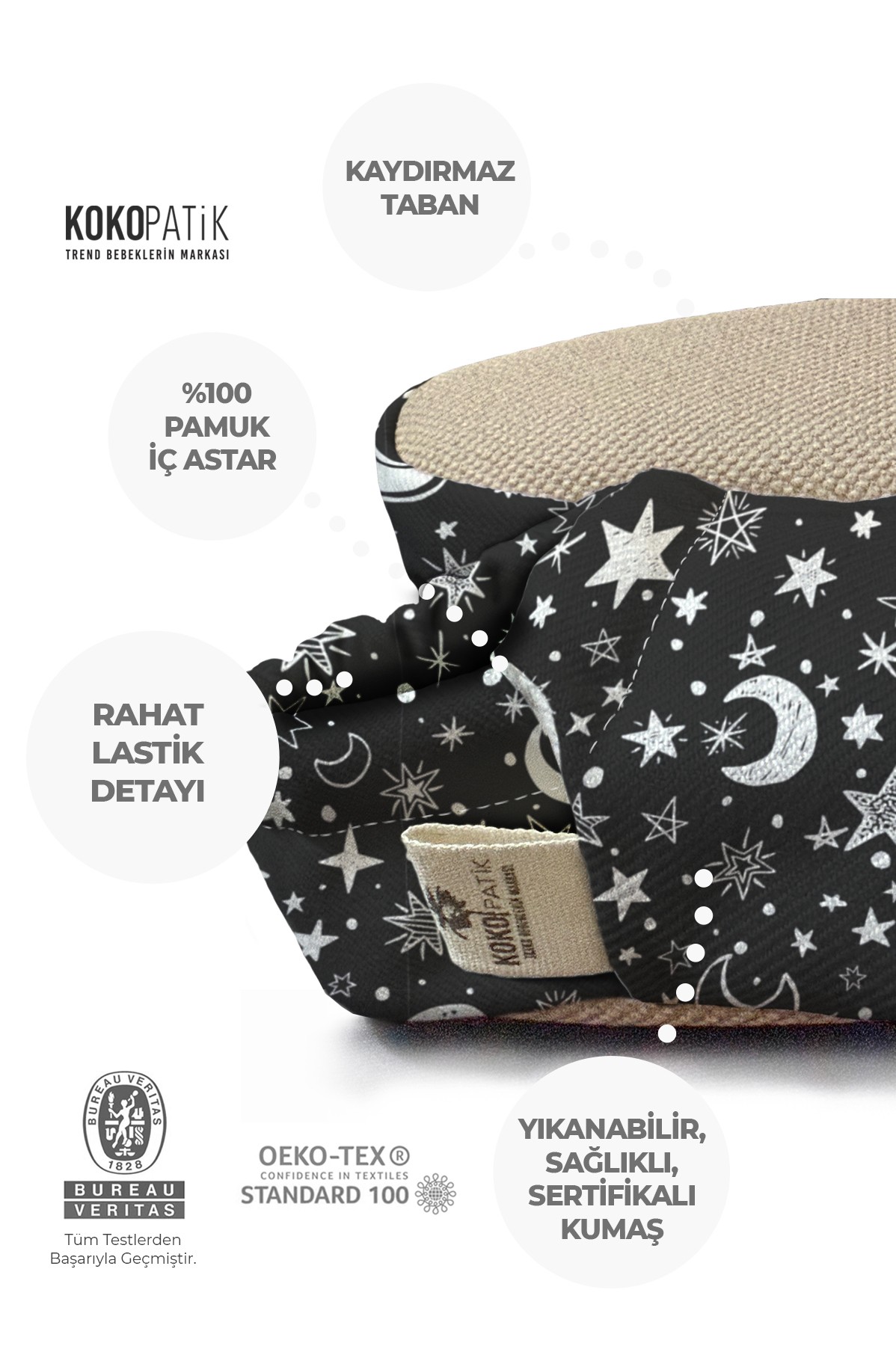 Kokopatik,Organik Pamuk Bebek Patiği,Kaydırmaz Taban,Yenidoğan Patik,Ev Kreş Ayakkabısı,Gece Desen Patik