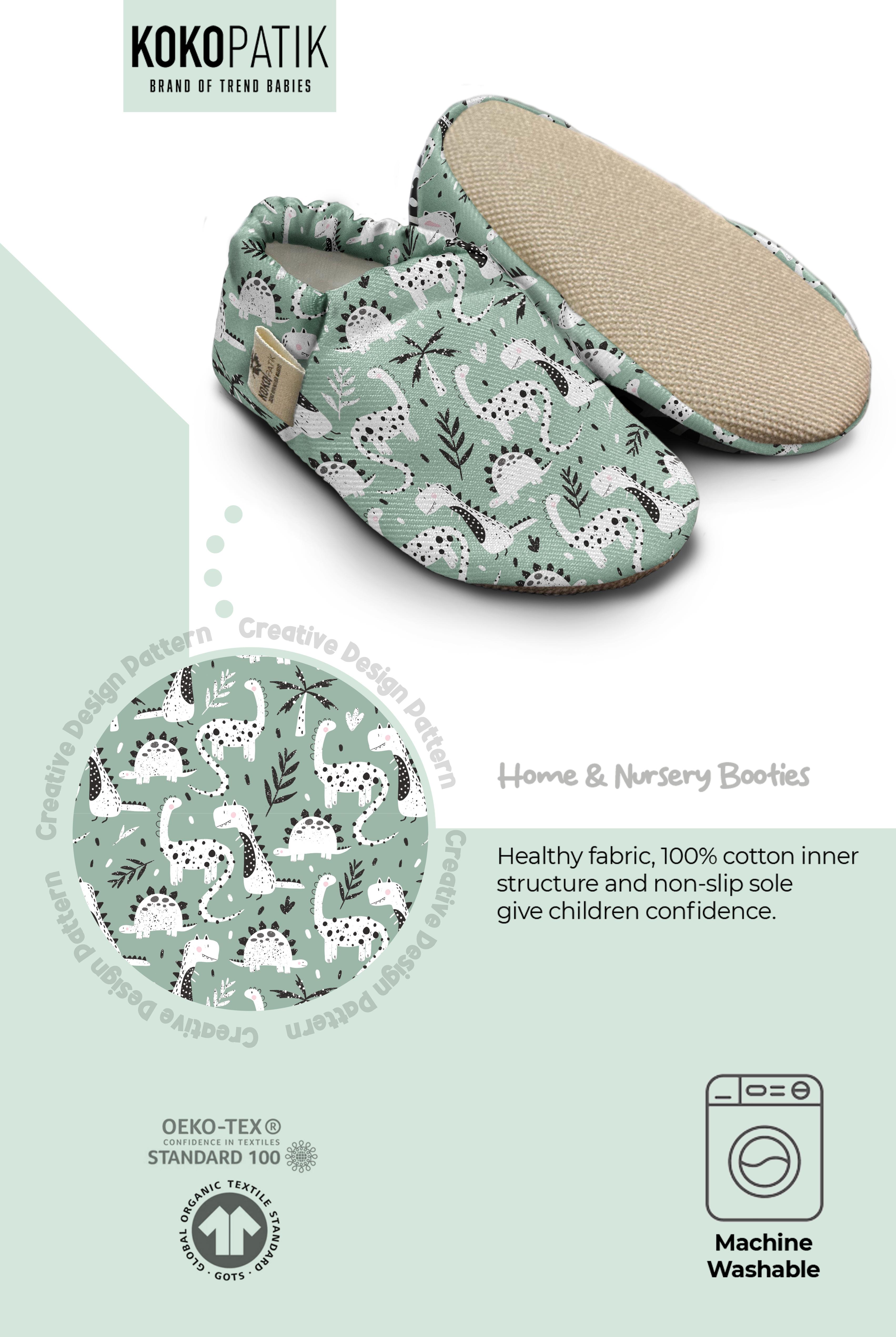 Kokopatik Non-Slip Sole, Indoor/Creche Booties, Unisex Baby Booties, Cotton Newborn Shoe, Green Dino Pattern