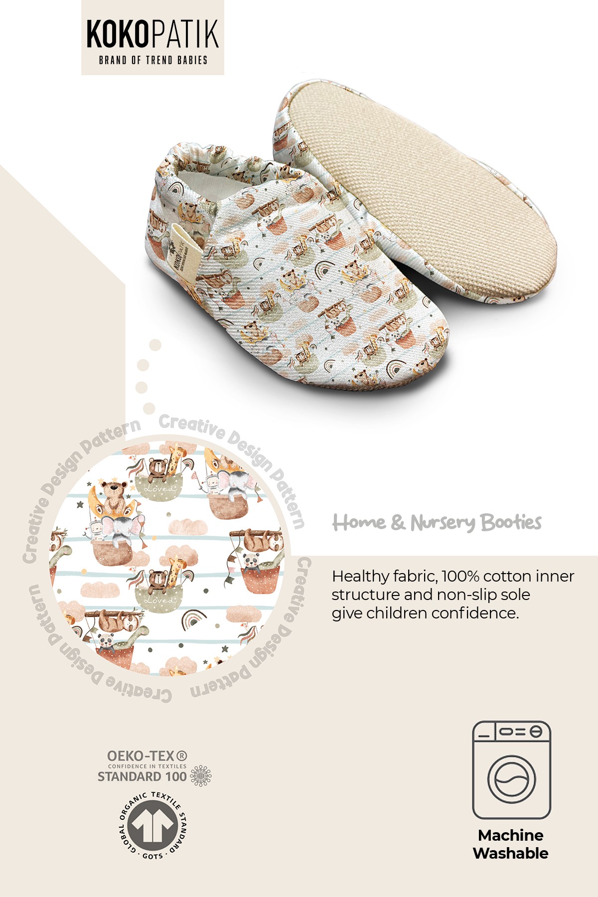 Kokopatik,Organic Cotton Baby Booties,Non-Slip Sole,Newborn Booties,Home Nursery Shoes,Pattern Booties on the Clouds