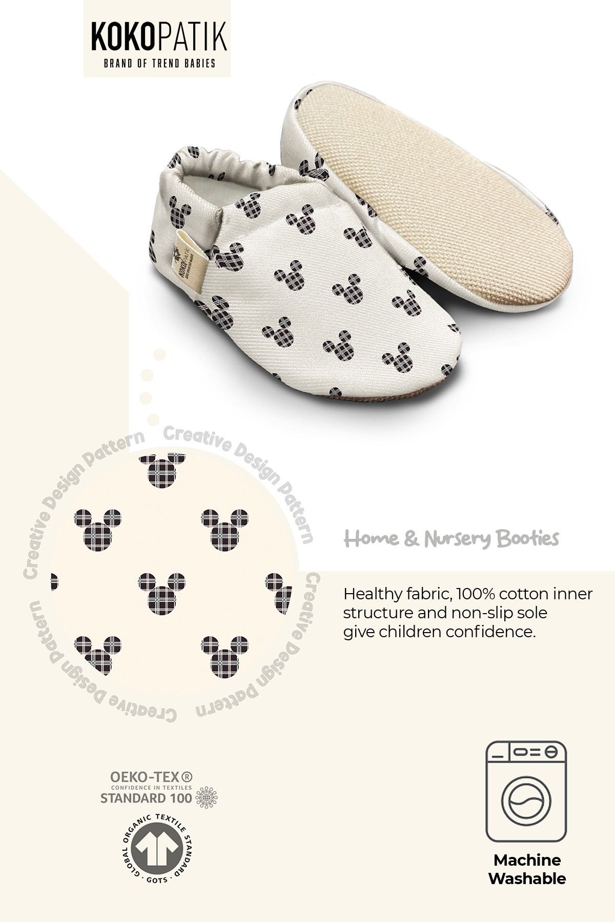 Kokopatik, Non-Slip Sole, Organic Cotton Lined Home Slippers, First Step Shoes, Mickey Patterned Slippers