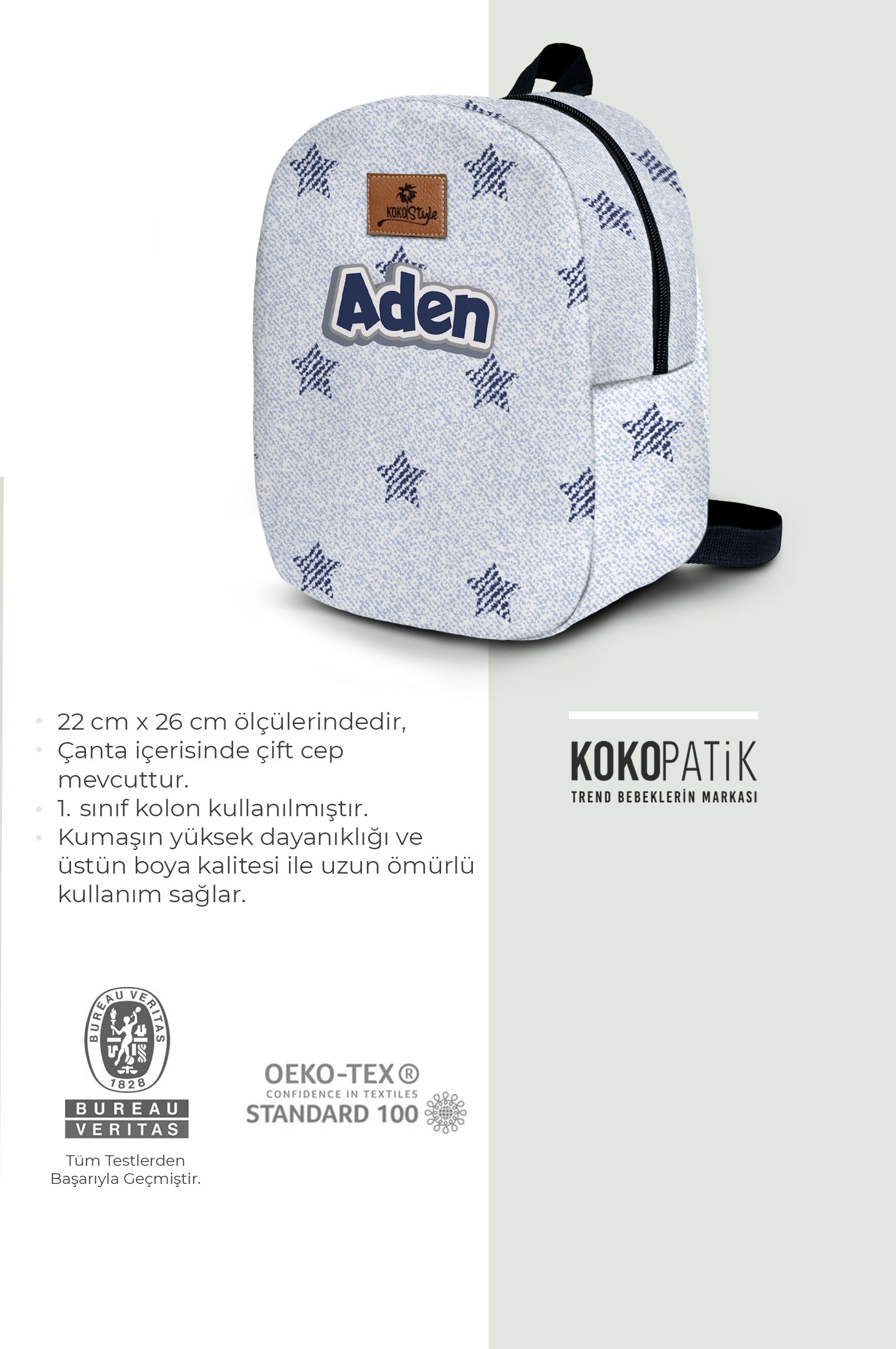 Kişiye Özel İsimli - Beyaz Kot Desenli Küçük Boy Kreş Çantası