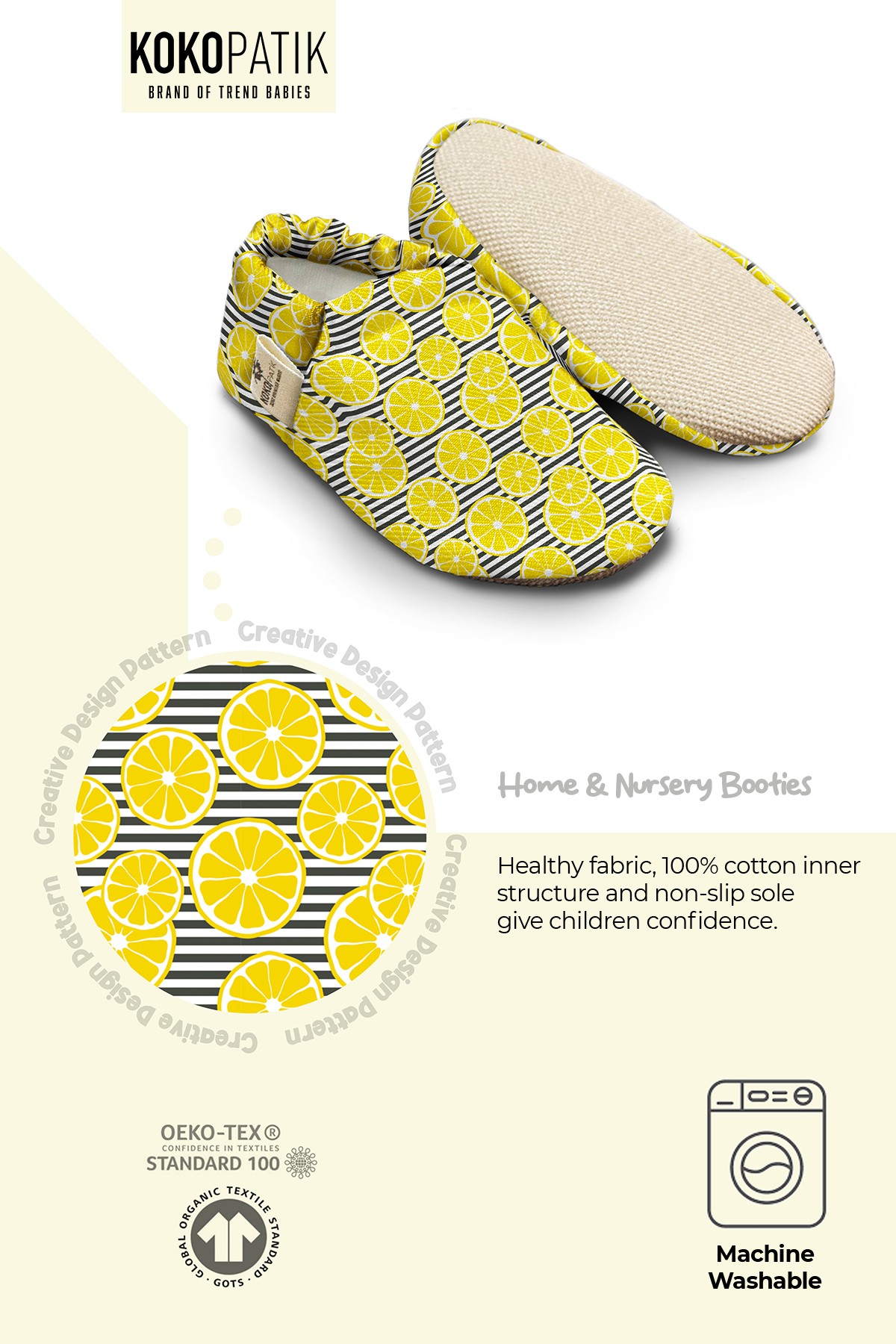 Kokopatik, Non-Slip Sole, Organic Cotton Lined Home Slippers, First Step Shoes, Lemon Patterned Slippers