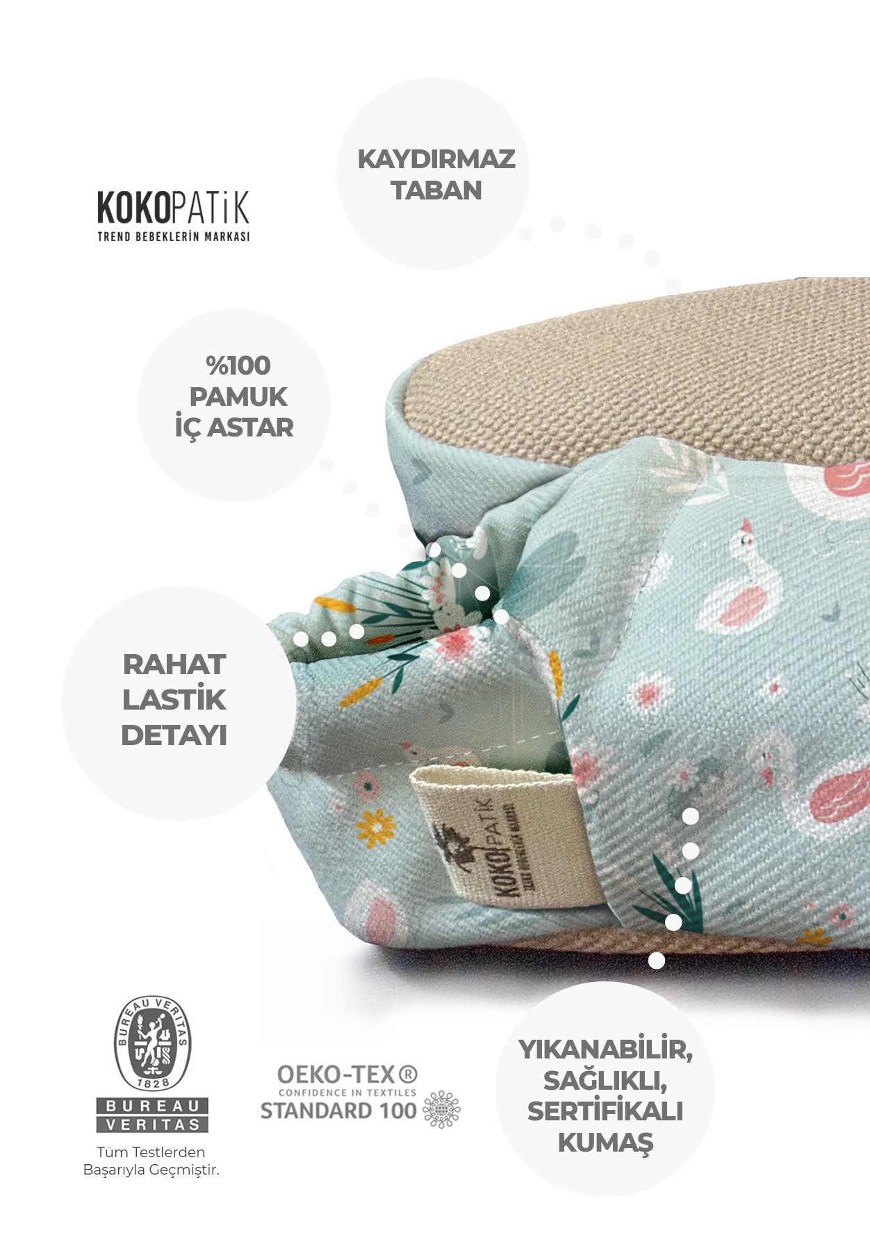 Kokopatik,Organik Pamuk Bebek Patiği,Kaydırmaz Taban,Yenidoğan Patik,Ev Kreş Ayakkabısı,Mavi Kuğu Desen Patik