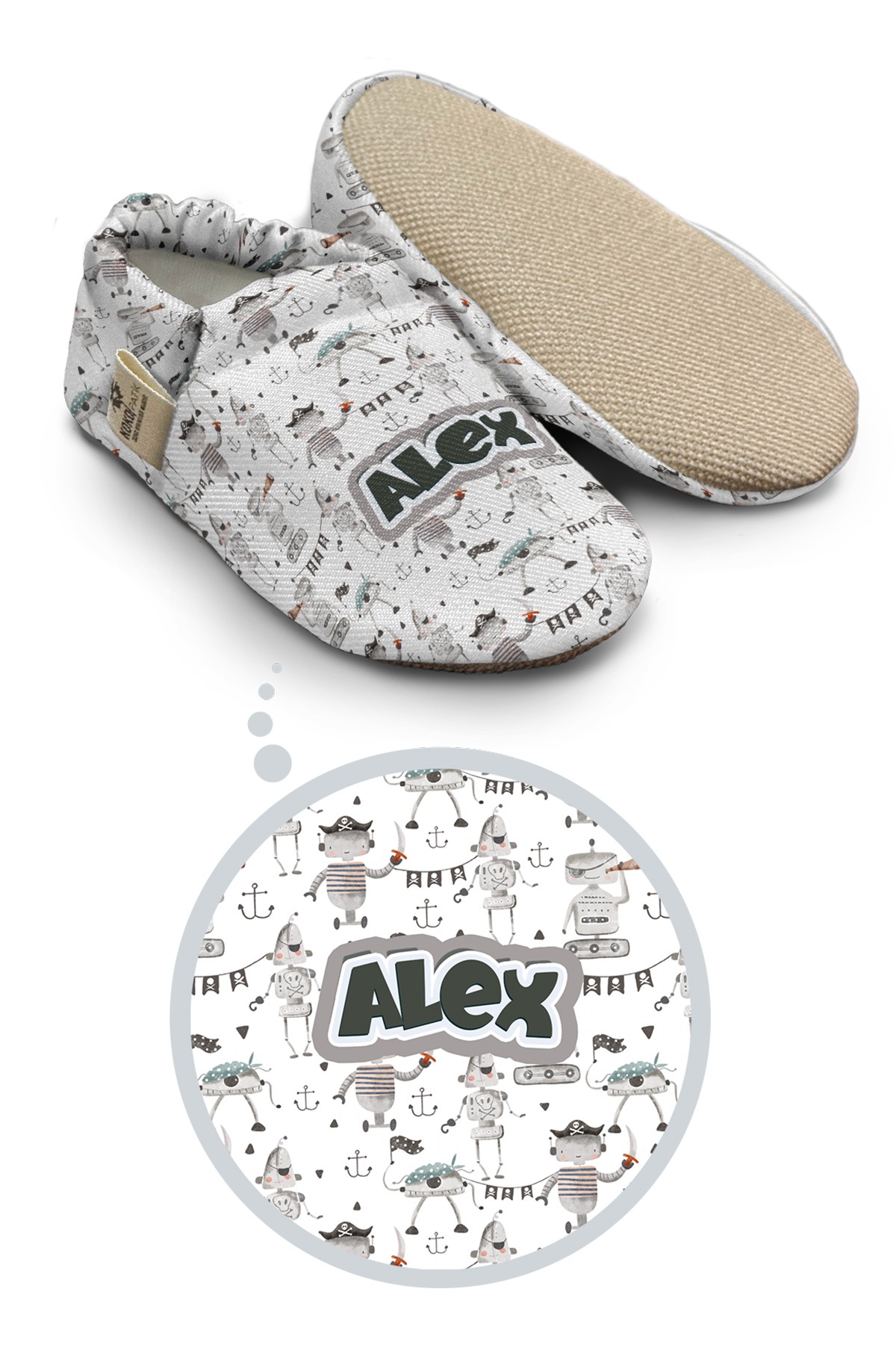 Make It Yours – Personalized Pirate Robots Booties for Babies | Non-Slip, Organic Cotton, First Step Shoes
